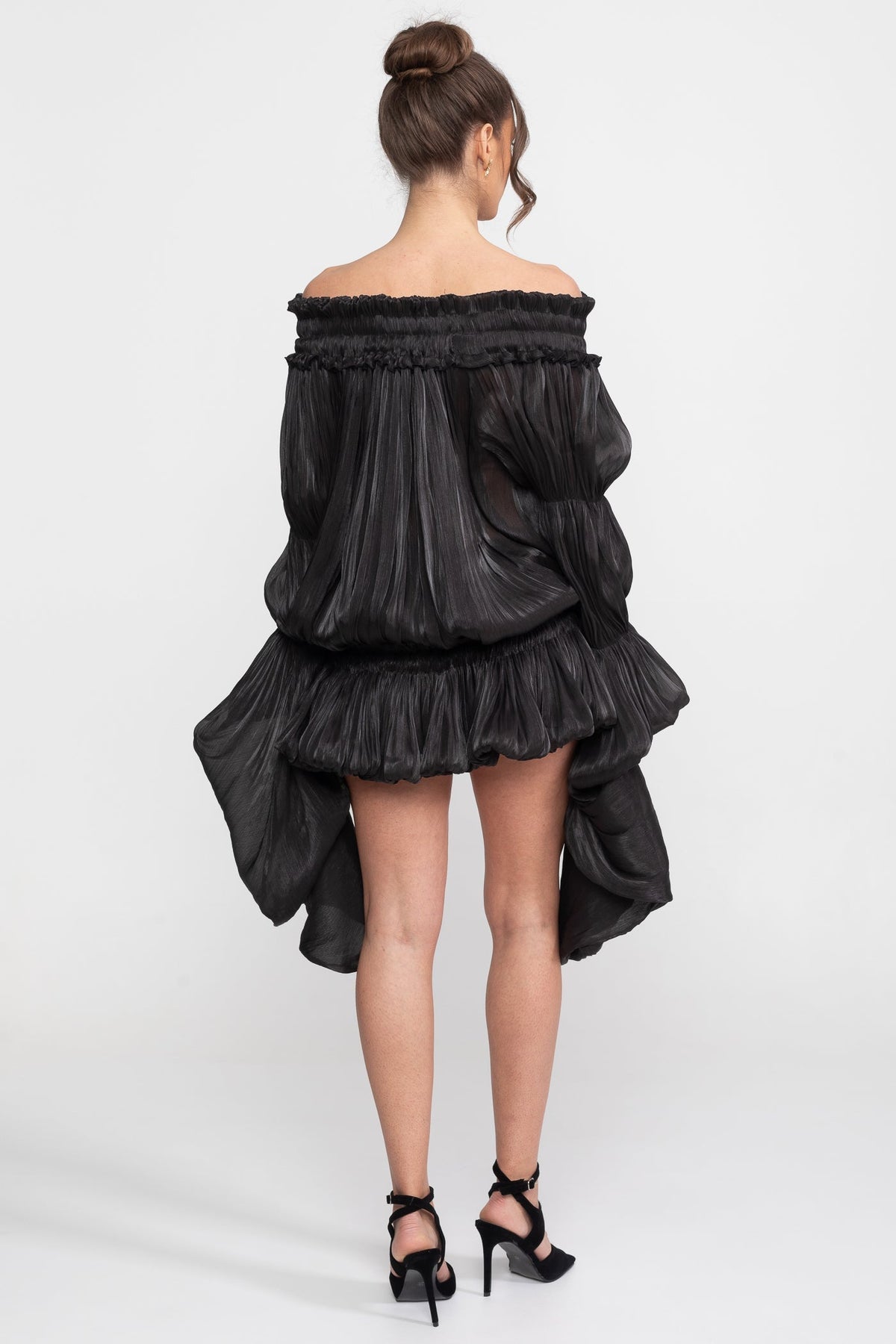 Off-Shoulder Corset Bodice Ruffle Mini Dress with Draped Sleeves – Black – view 10