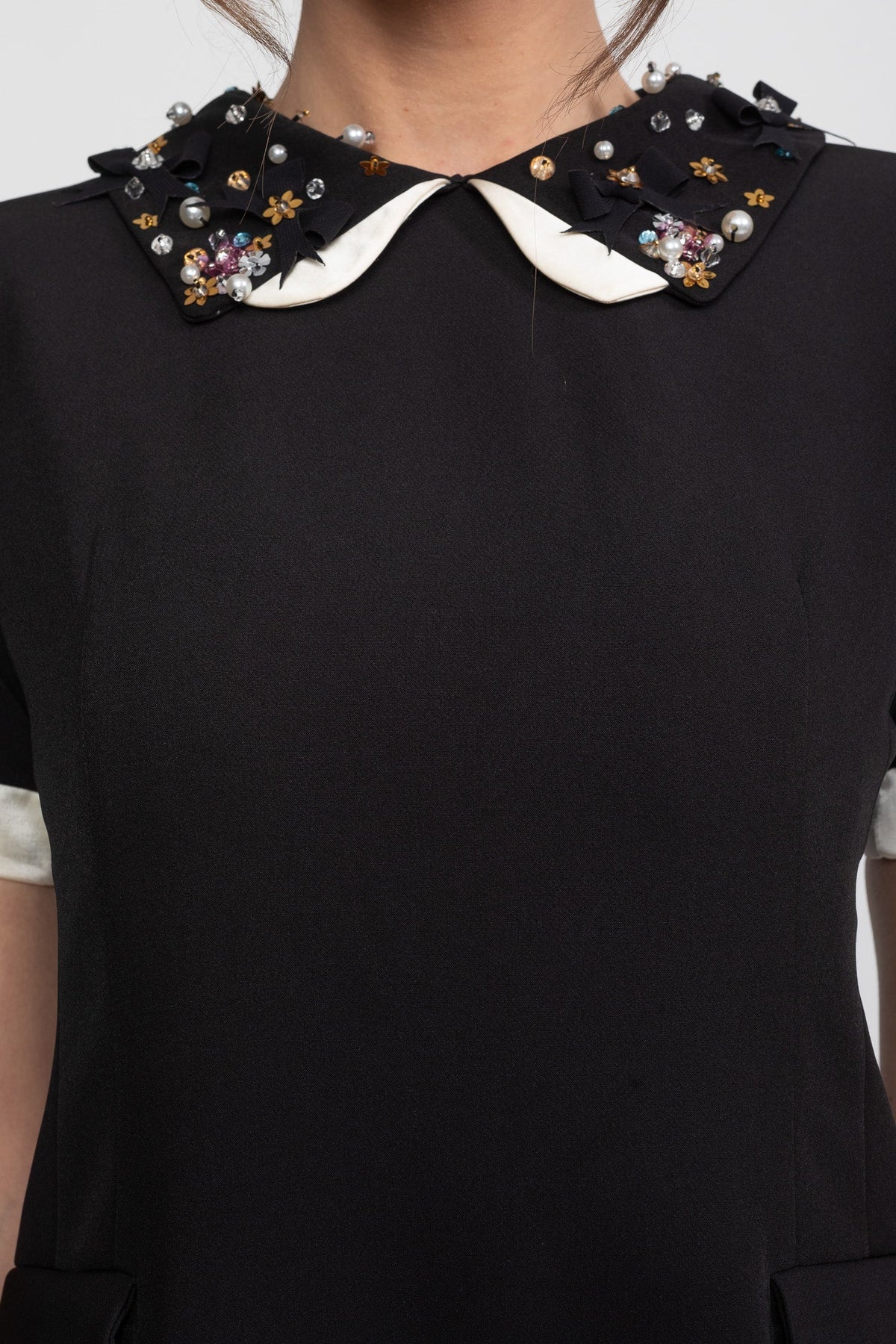 Crystal Embellished Peter Pan Collar A-Line Mini Dress with Jewel Cuffs – Black – view 4