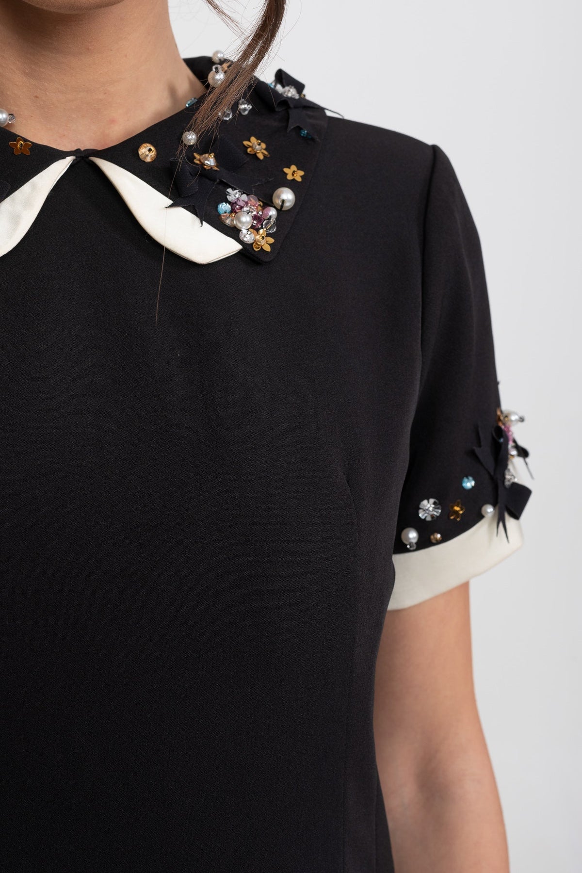 Crystal Embellished Peter Pan Collar A-Line Mini Dress with Jewel Cuffs – Black – view 5