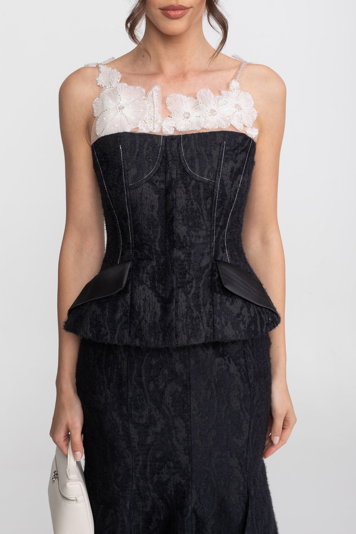 Jacquard Peplum Top and Maxi Skirt Set with Sheer Floral Neckline – Black – view 5