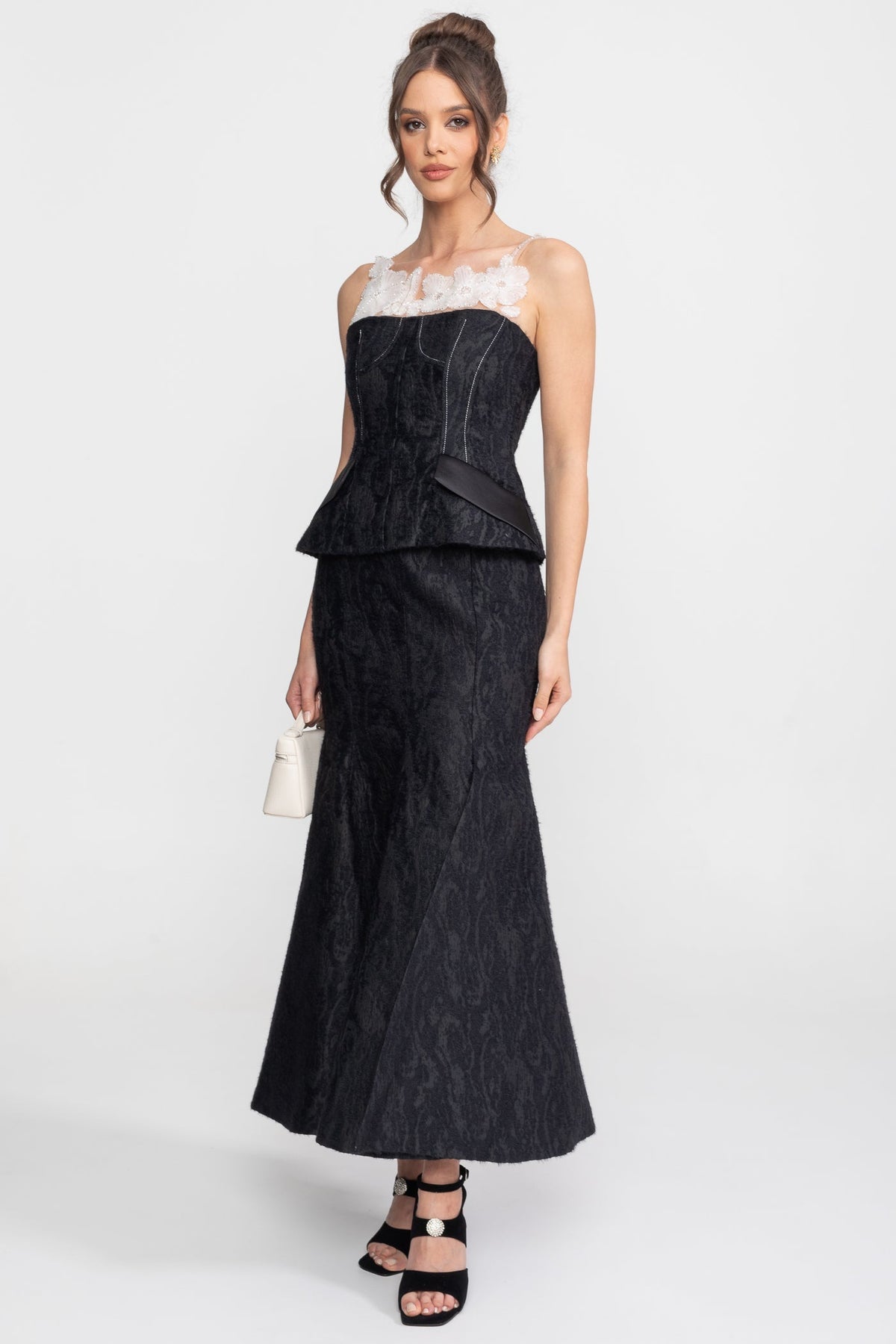 Jacquard Peplum Top and Maxi Skirt Set with Sheer Floral Neckline – Black – view 4