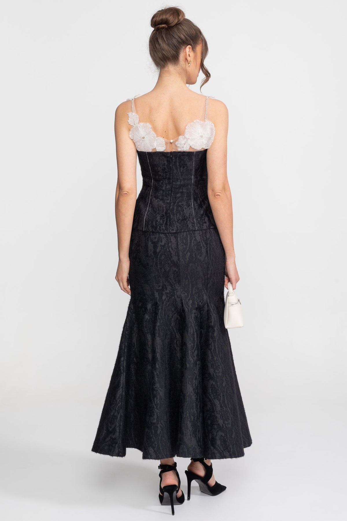 Jacquard Peplum Top and Maxi Skirt Set with Sheer Floral Neckline – Black – view 9