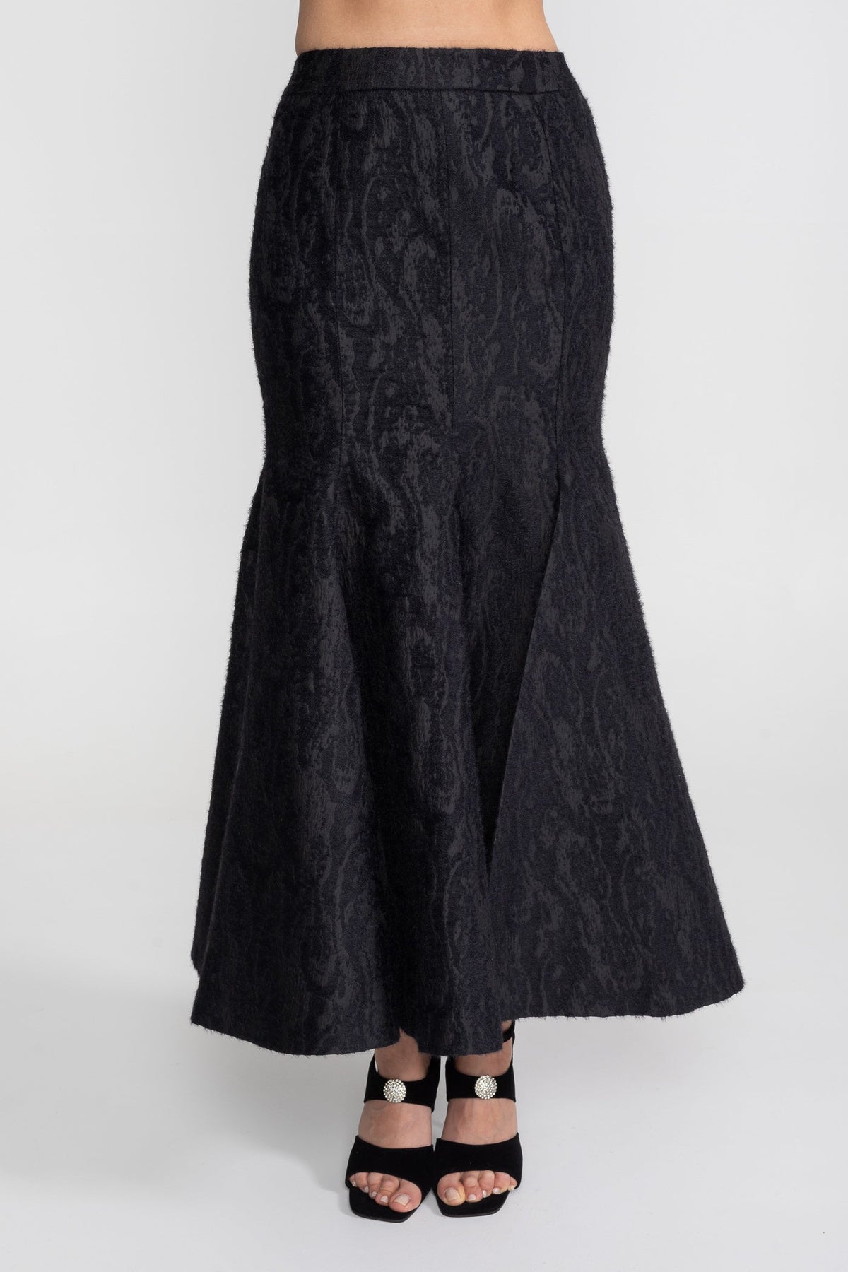 Jacquard Peplum Top and Maxi Skirt Set with Sheer Floral Neckline – Black – view 10