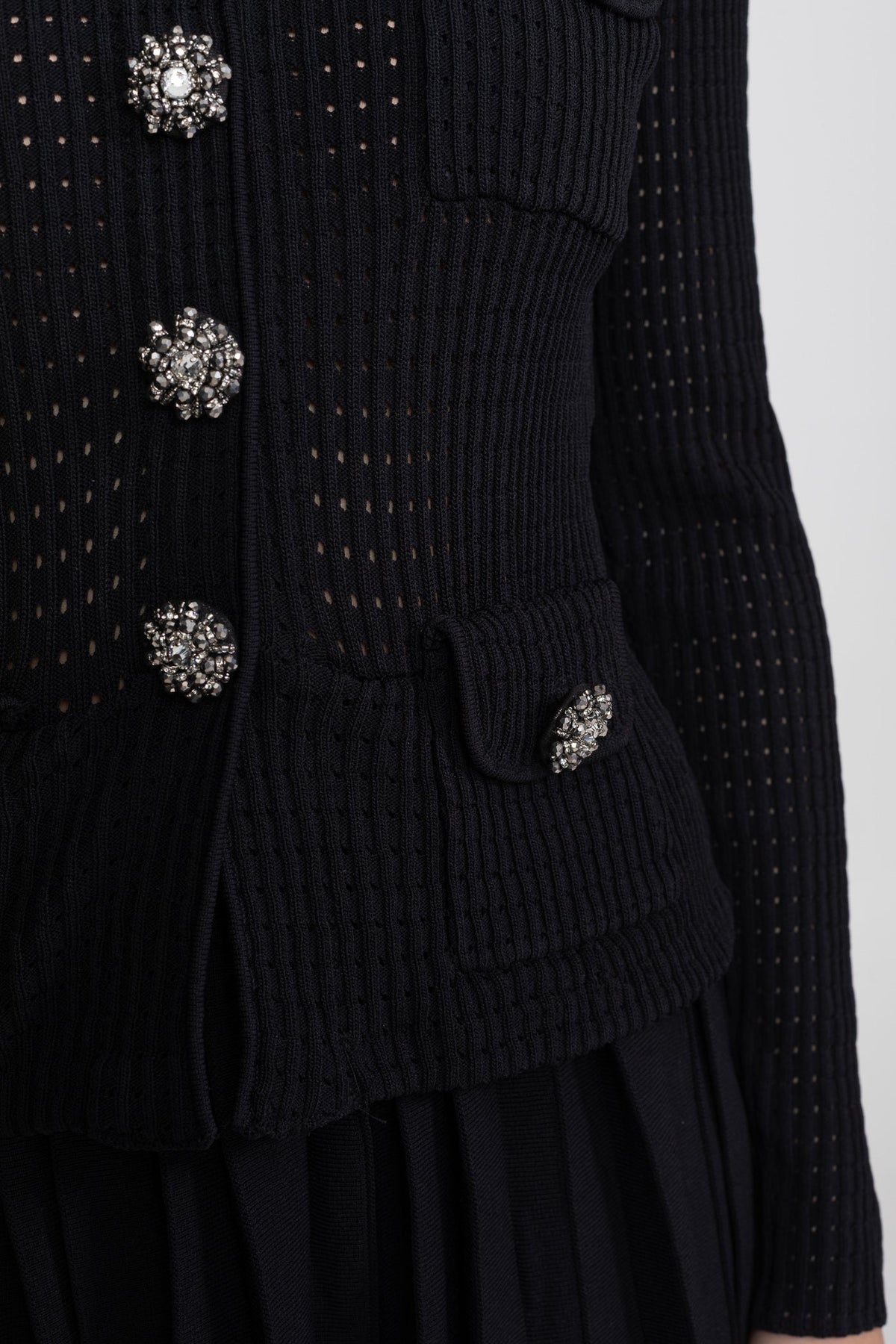 Open-Knit Polo Collar Button-Through Dress with Pleated Midi Skirt – Black – view 6