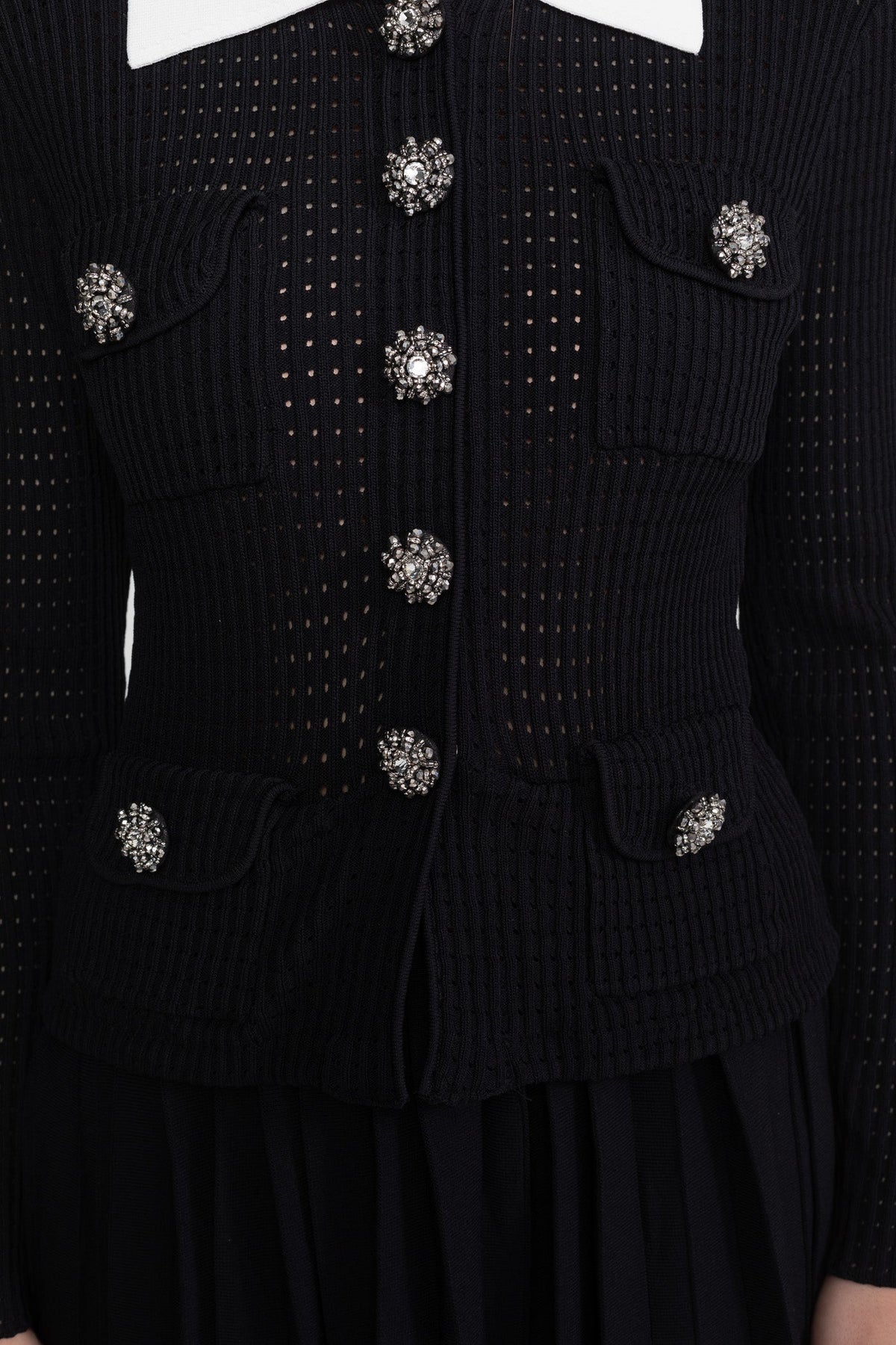 Open-Knit Polo Collar Button-Through Dress with Pleated Midi Skirt – Black – view 7