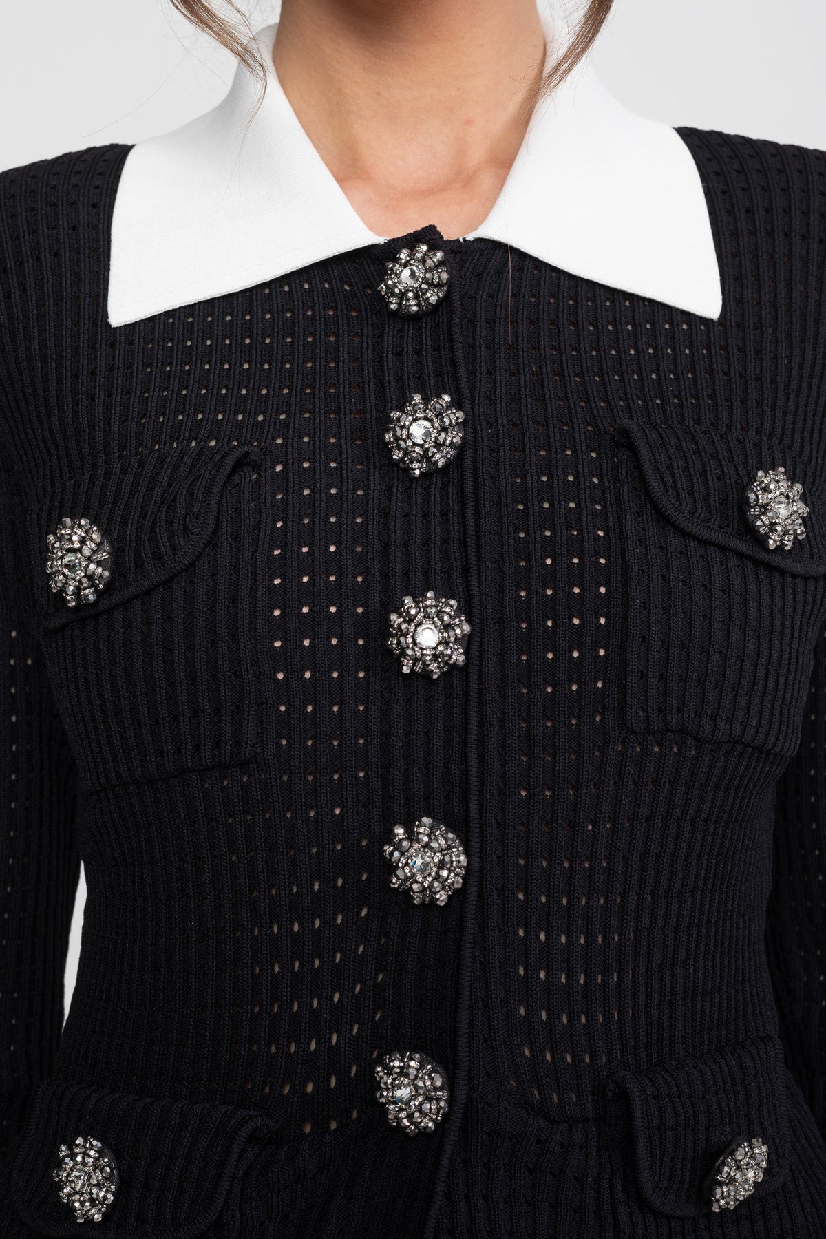 Open-Knit Polo Collar Button-Through Dress with Pleated Midi Skirt – Black – view 3