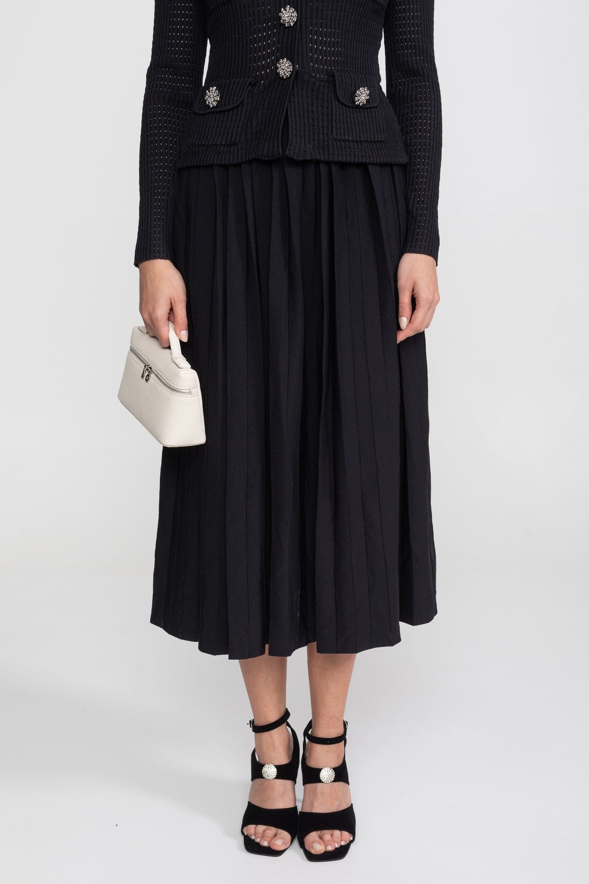 Open-Knit Polo Collar Button-Through Dress with Pleated Midi Skirt – Black – view 4