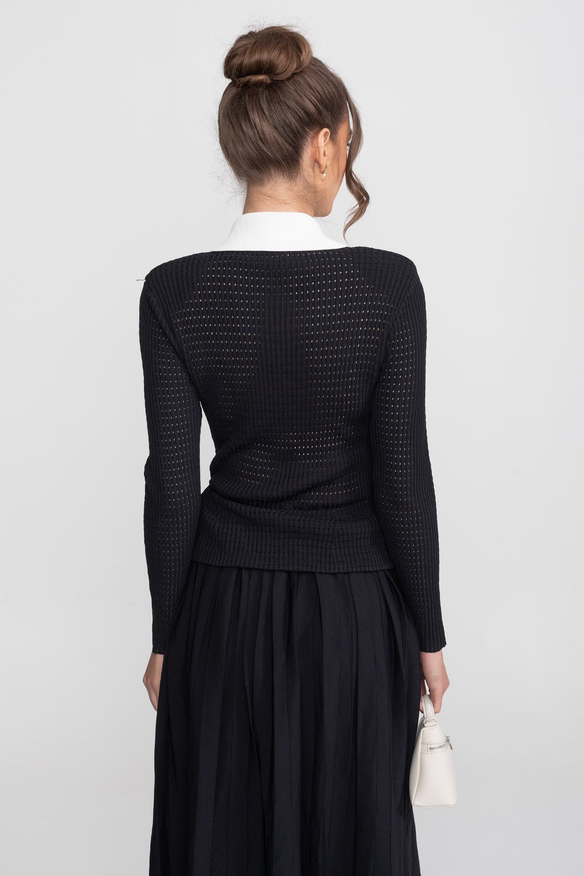 Open-Knit Polo Collar Button-Through Dress with Pleated Midi Skirt – Black – view 8