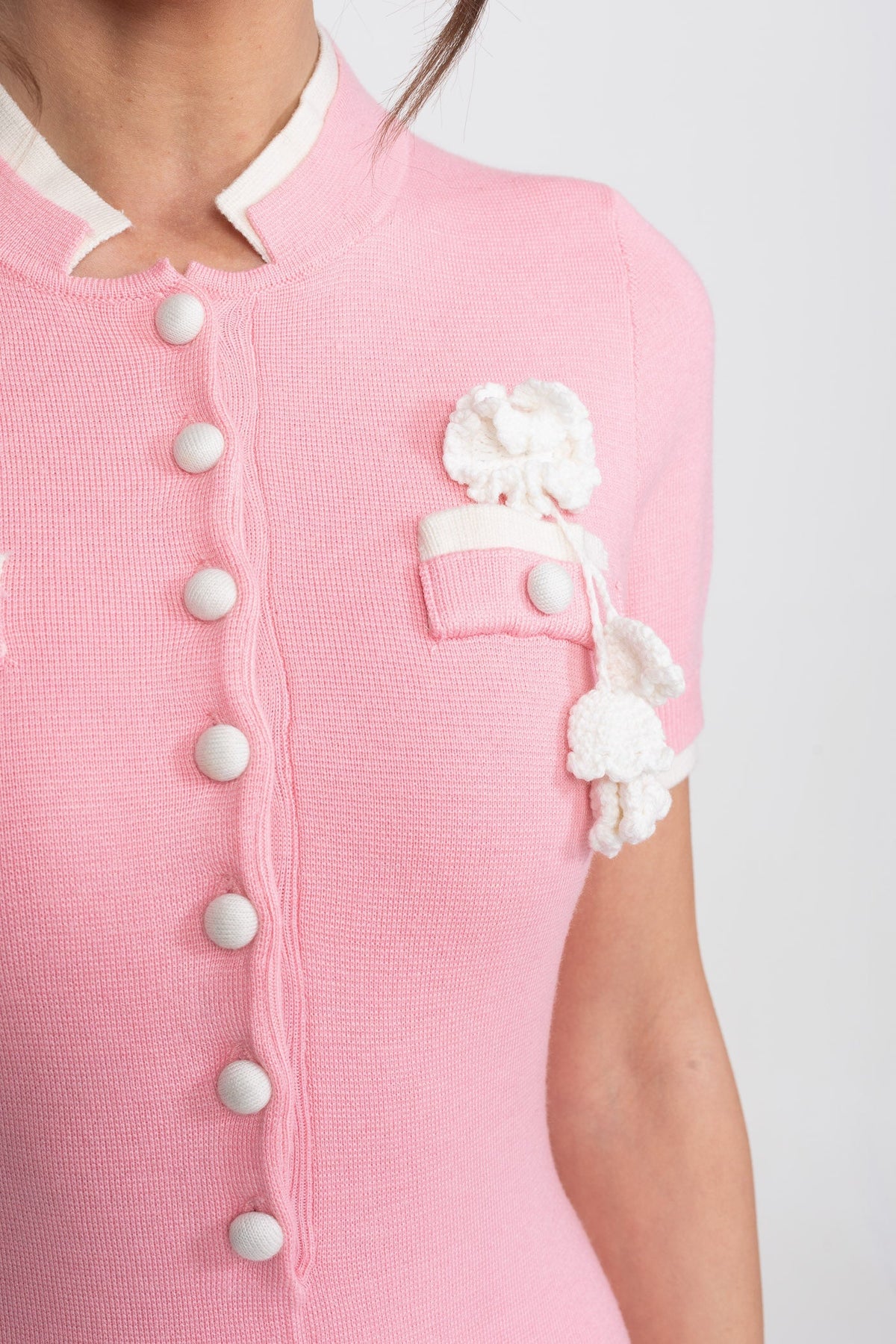 Fine Rib Knit Button-Through Midi Dress with Contrast Trim and Pockets – Pink – view 7