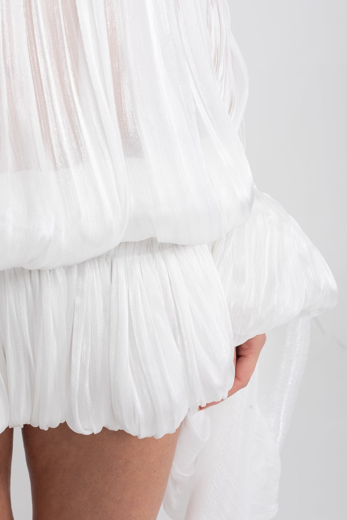 Off-Shoulder Corset Bodice Ruffle Mini Dress with Draped Sleeves – White – view 7