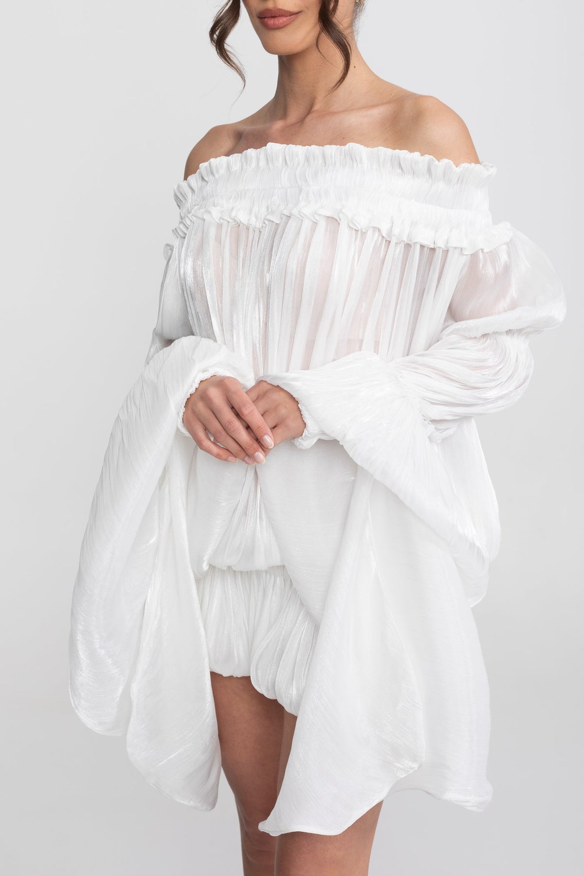 Off-Shoulder Corset Bodice Ruffle Mini Dress with Draped Sleeves – White – view 6