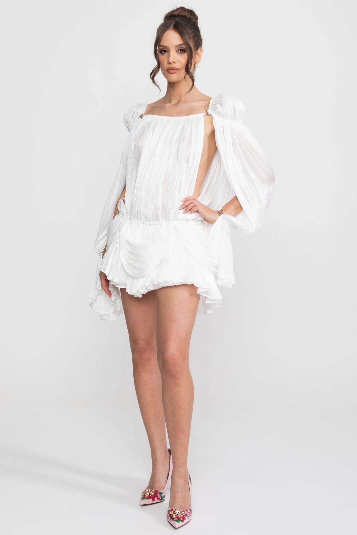 Sheer Chiffon Cape Sleeve Mini Dress with Gold Clip Detail – White – view 5