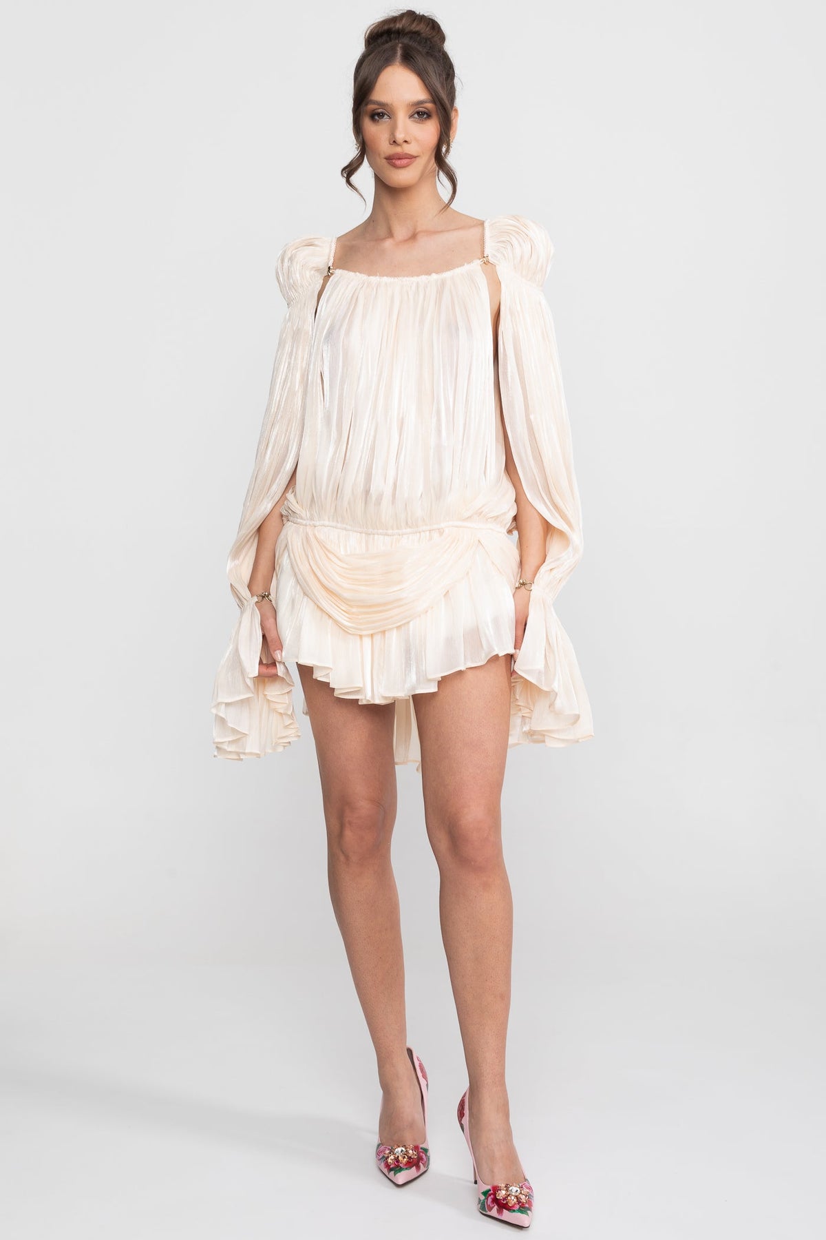 Sheer Chiffon Cape Sleeve Mini Dress with Gold Clip Detail – Ivory – view 6