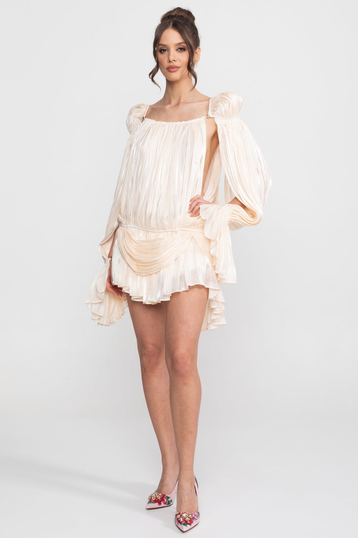 Sheer Chiffon Cape Sleeve Mini Dress with Gold Clip Detail – Ivory – view 7