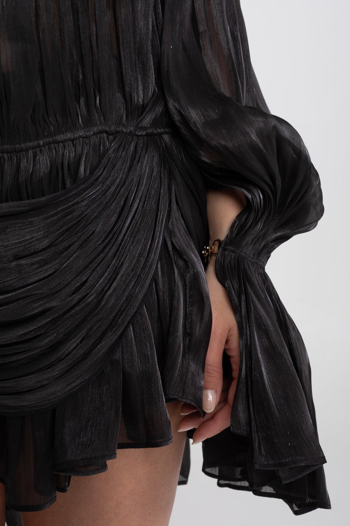 Sheer Chiffon Cape Sleeve Mini Dress with Gold Clip Detail – Black – view 5