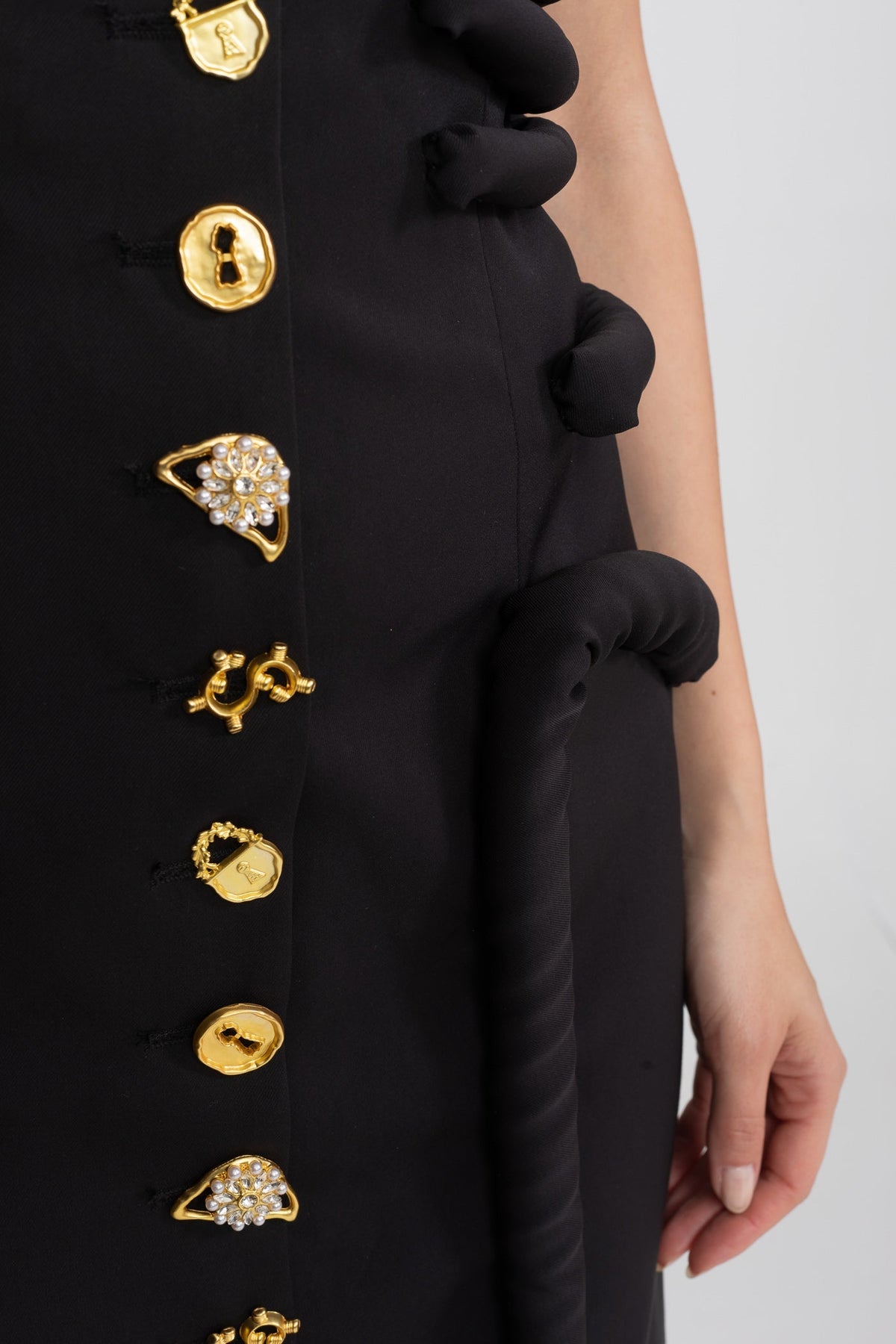 Strapless Midi Dress with Sculptural Knotted Bodice and Jewel Buttons – Black – view 4