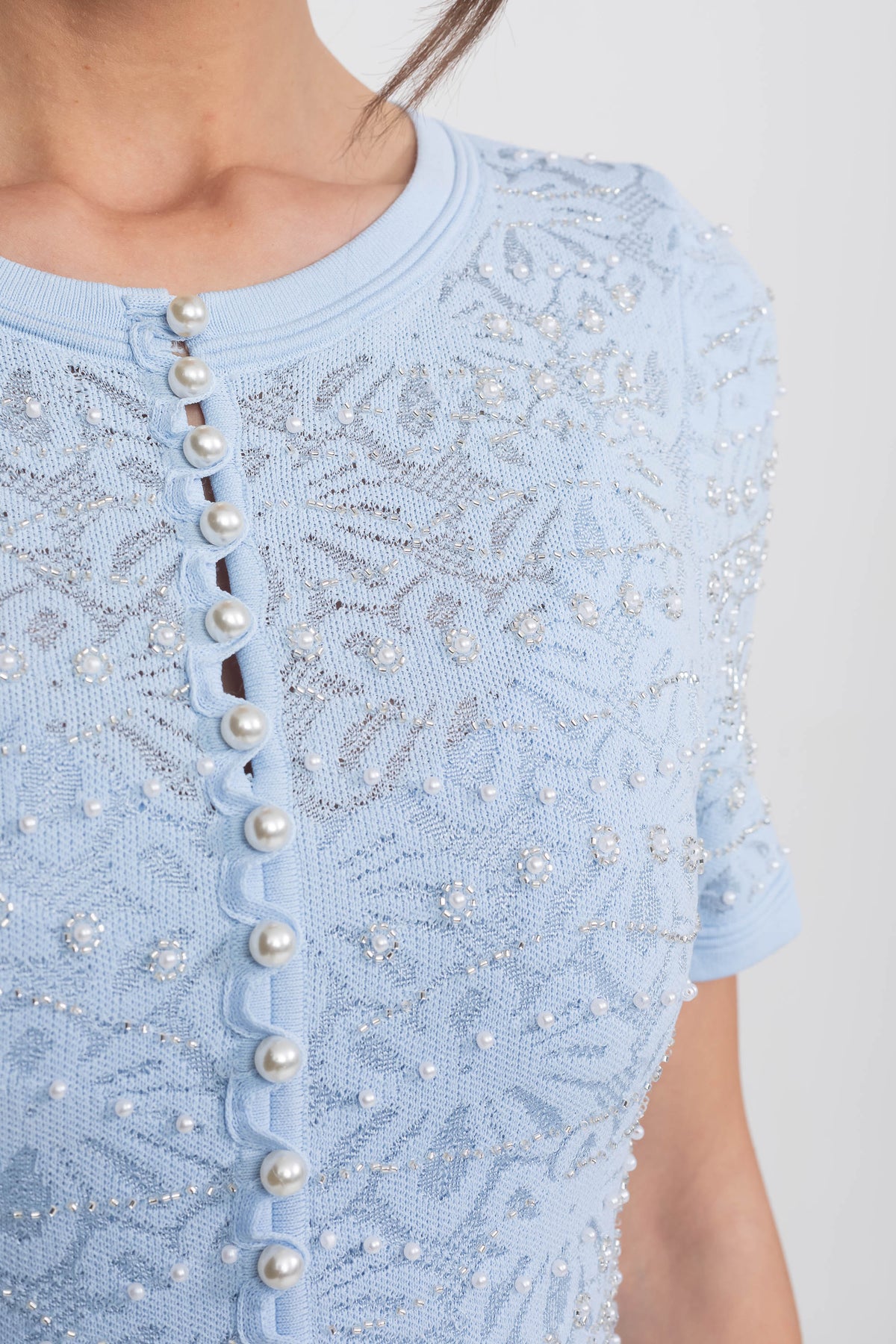 Pearl Embellished Short Sleeve Maxi Dress with Pleated Skirt – Powder Blue – view 10