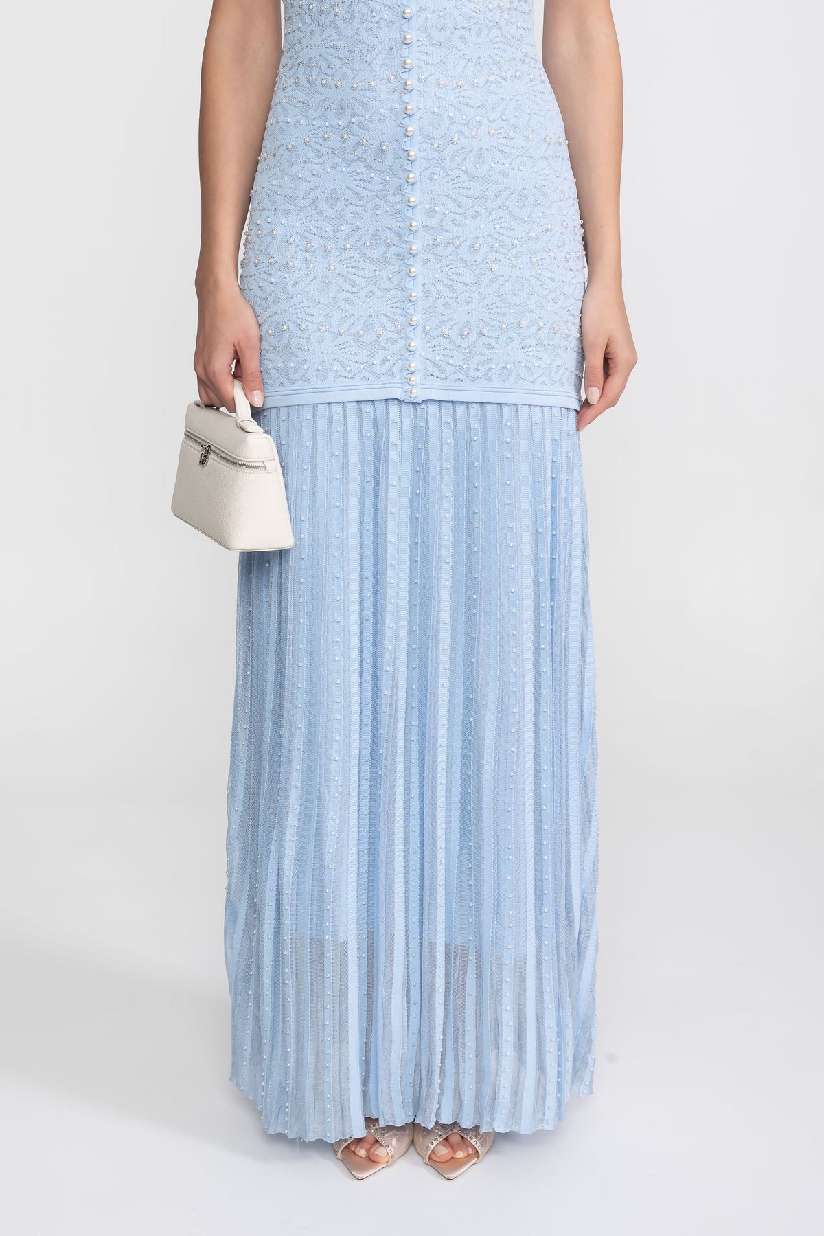 Pearl Embellished Short Sleeve Maxi Dress with Pleated Skirt – Powder Blue – view 6