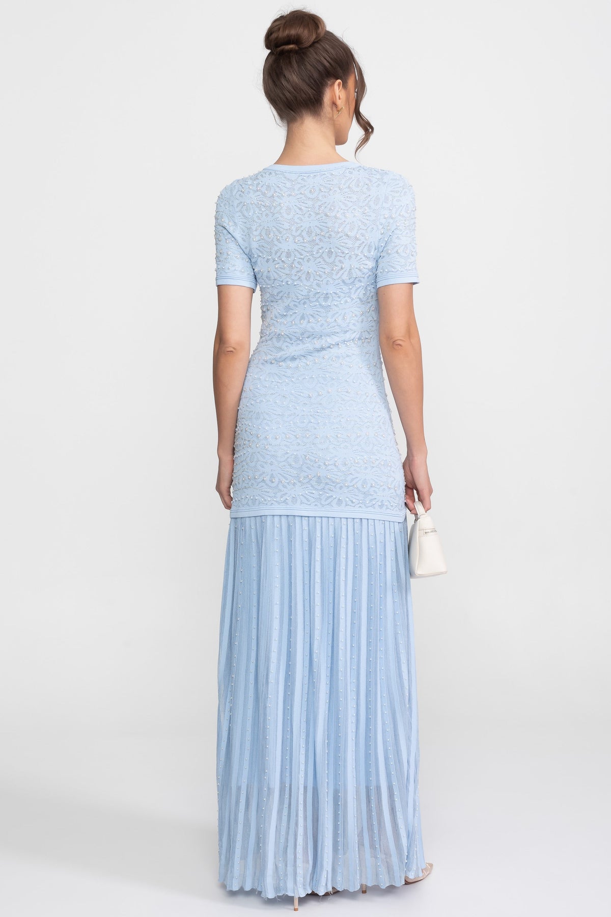 Pearl Embellished Short Sleeve Maxi Dress with Pleated Skirt – Powder Blue – view 7