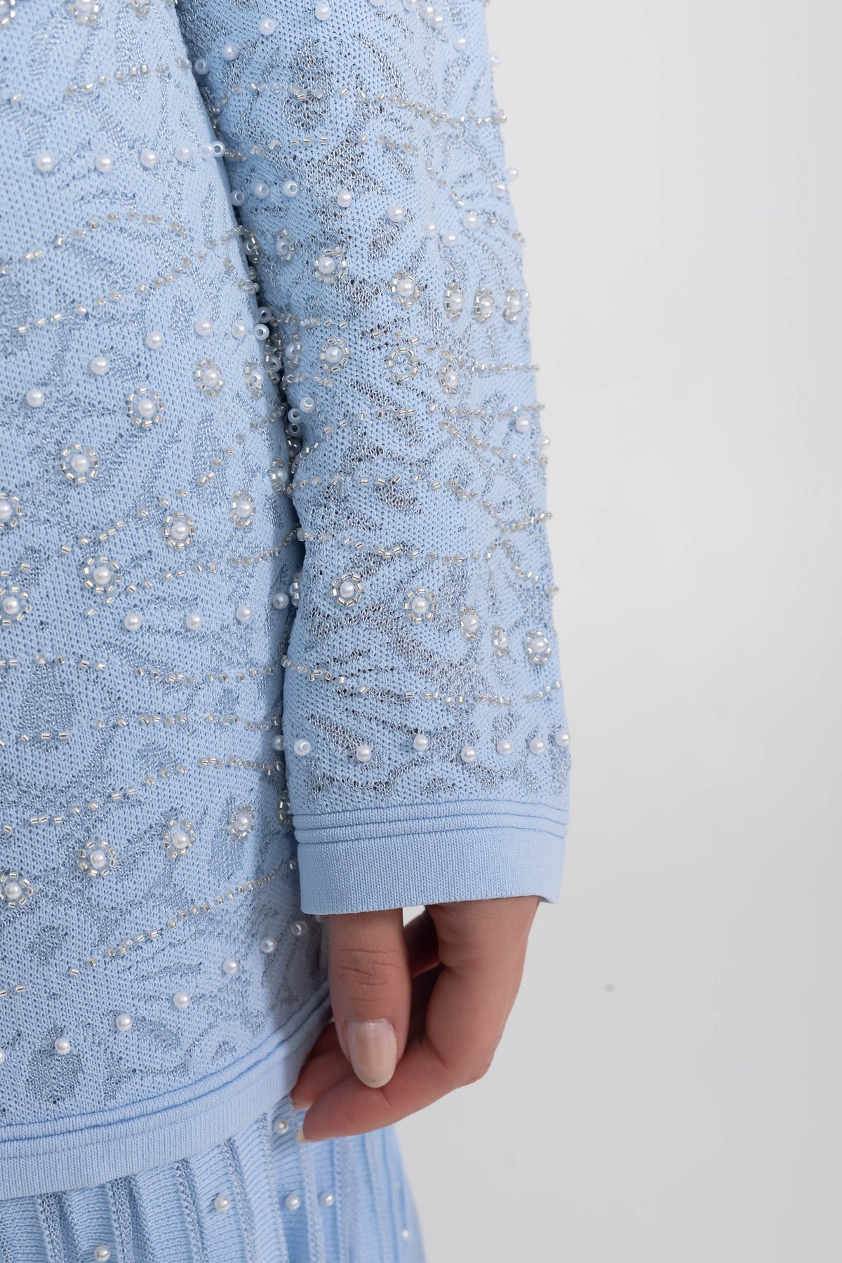 Beaded Lace Long Sleeve Cardigan with Pearl Buttons – Blue