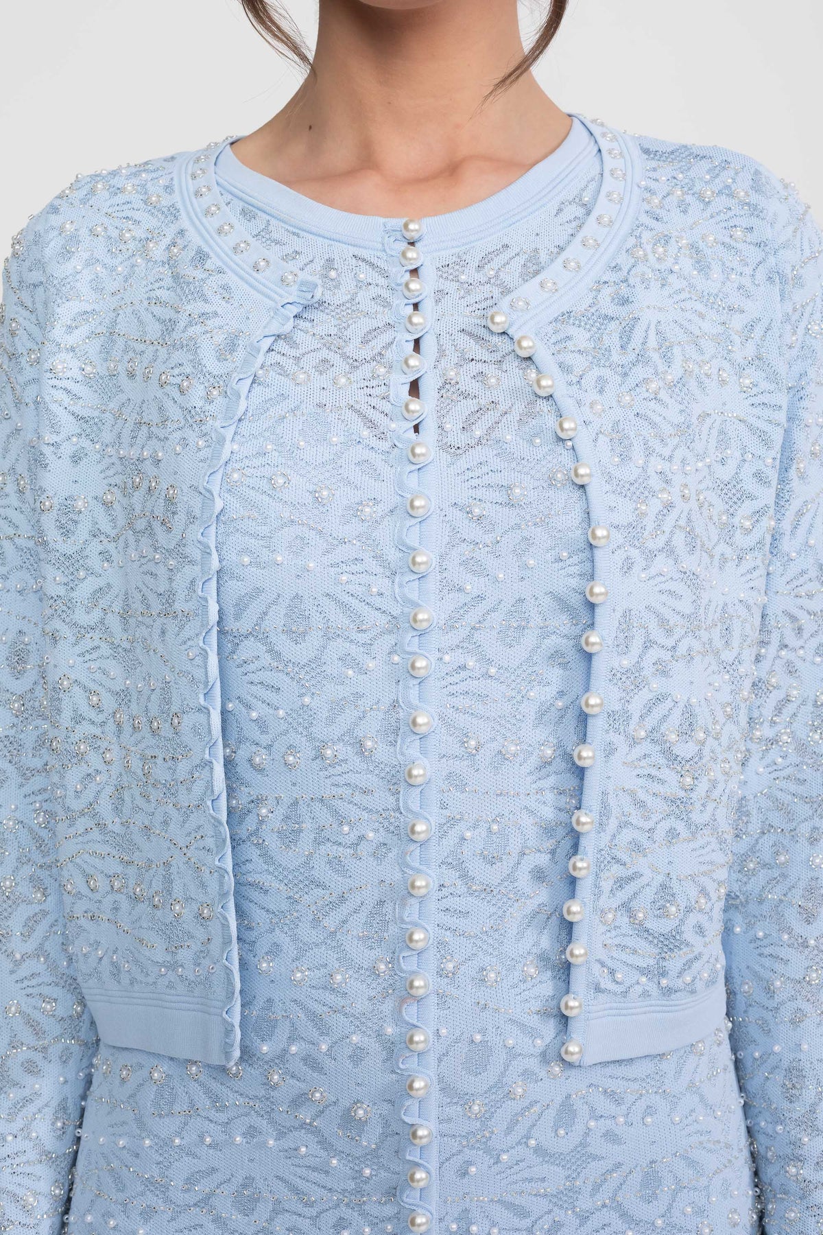 Beaded Lace Long Sleeve Cardigan with Pearl Buttons – Blue – view 11