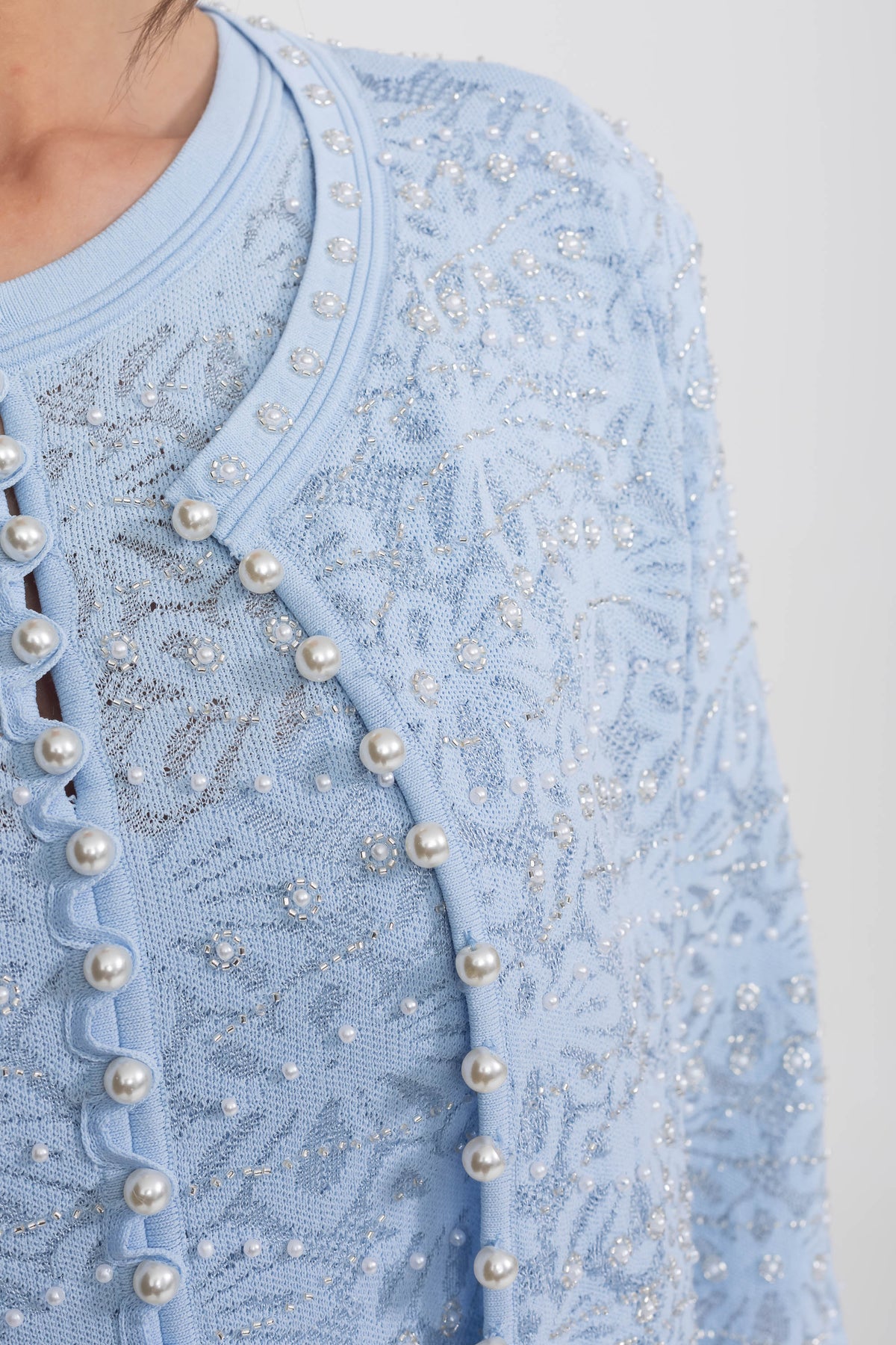 Beaded Lace Long Sleeve Cardigan with Pearl Buttons – Blue