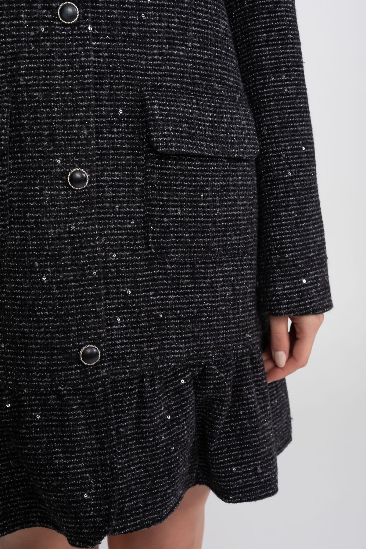Bouclé Tweed Mini Dress with Scallop Trim Collar and Ruffle Hem – Charcoal