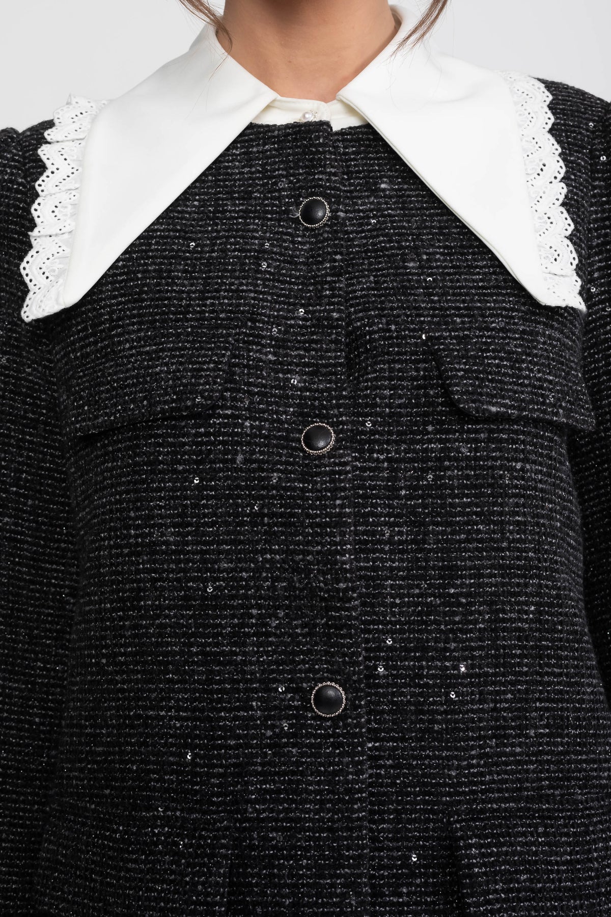 Bouclé Tweed Mini Dress with Scallop Trim Collar and Ruffle Hem – Charcoal