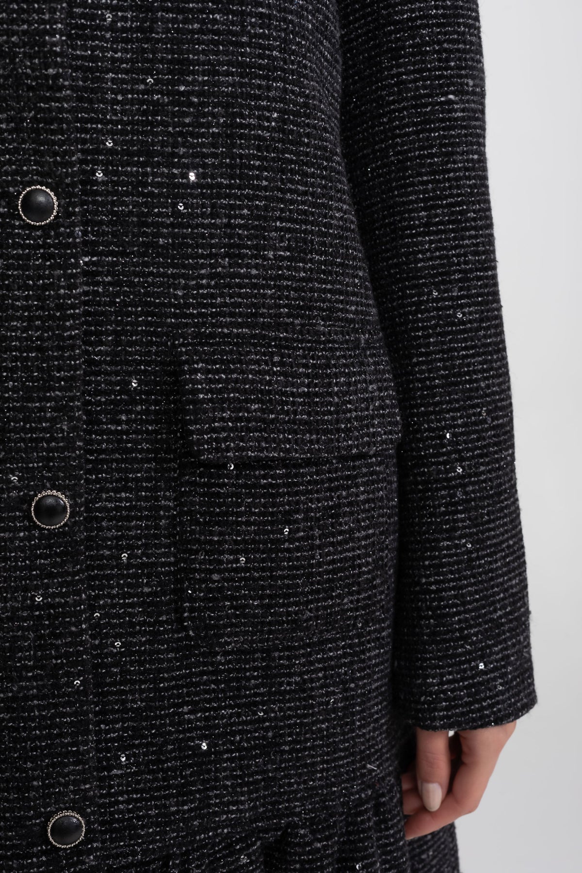 Bouclé Tweed Mini Dress with Scallop Trim Collar and Ruffle Hem – Charcoal
