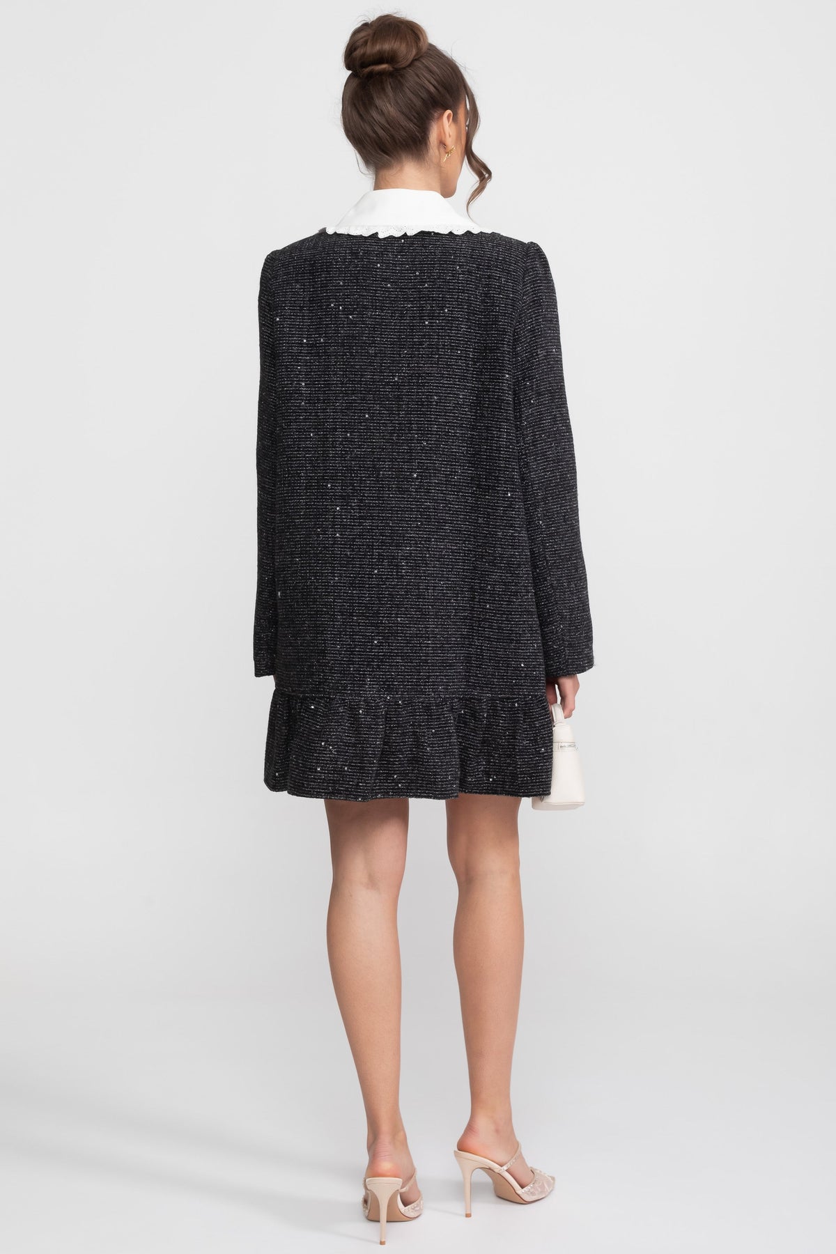 Bouclé Tweed Mini Dress with Scallop Trim Collar and Ruffle Hem – Charcoal