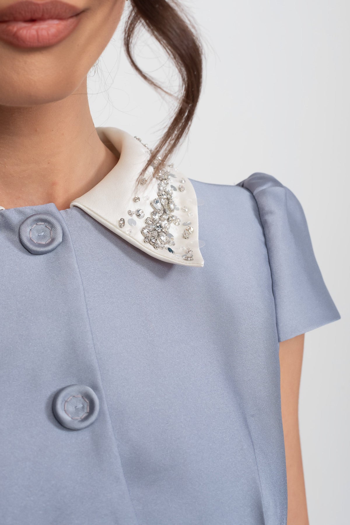 Satin Puff Sleeve Mini Dress with Crystal Peter Pan Collar – Light Blue – view 3