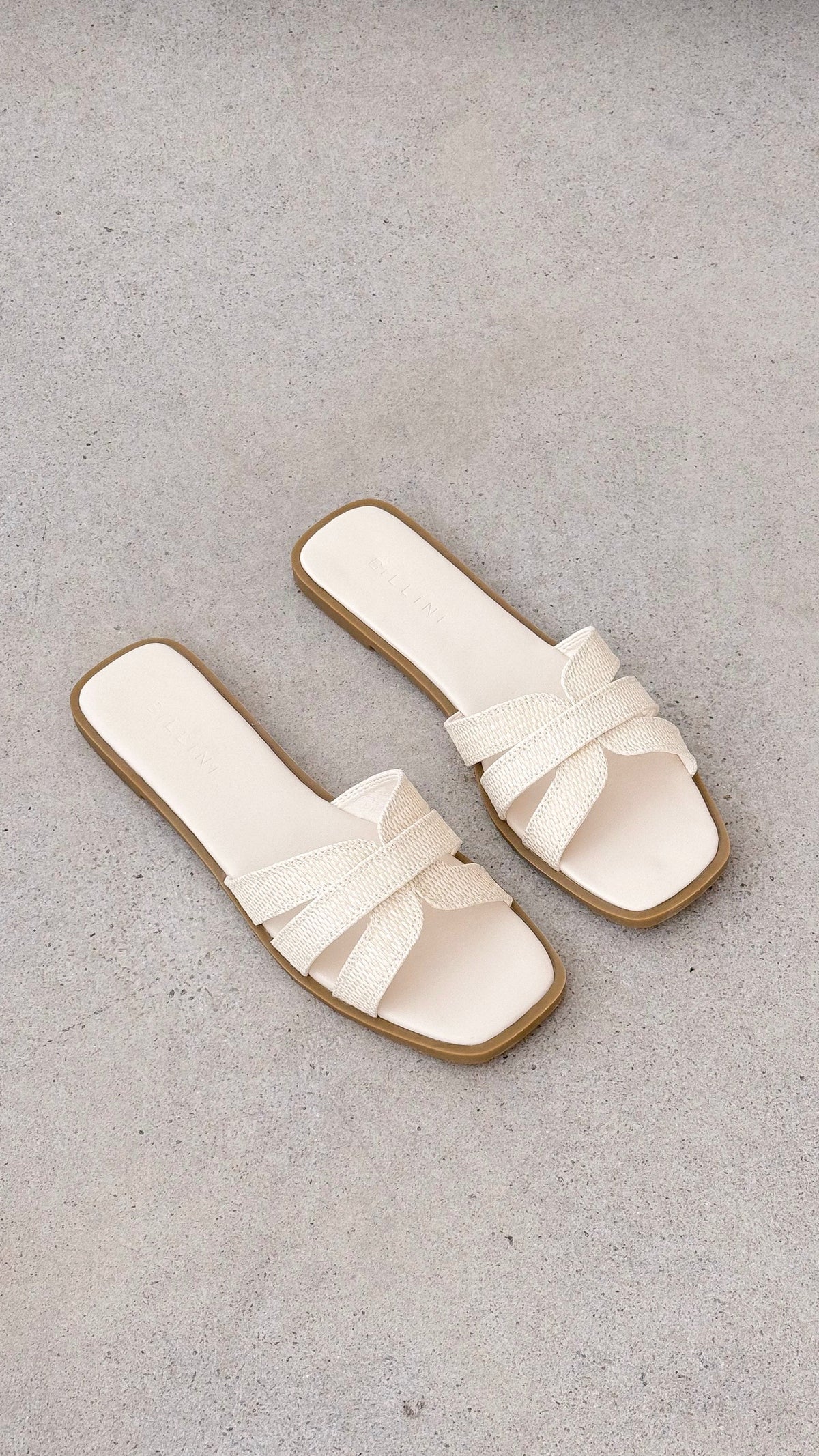 Geo Padded Flat Multi Strap Square Toe Slides – Cream Raffia