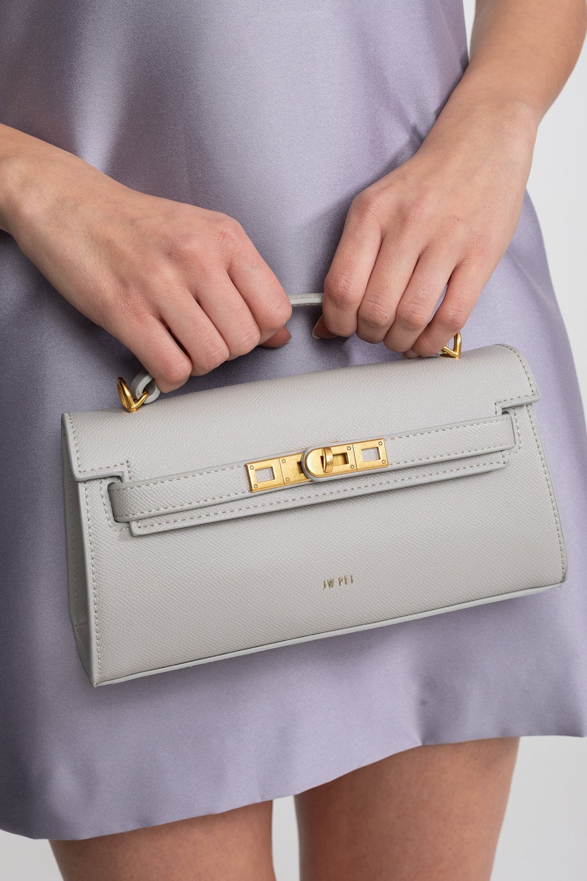 Structured Textured Cowhide Leather Mini Top Handle Bag – Light Grey – view 5