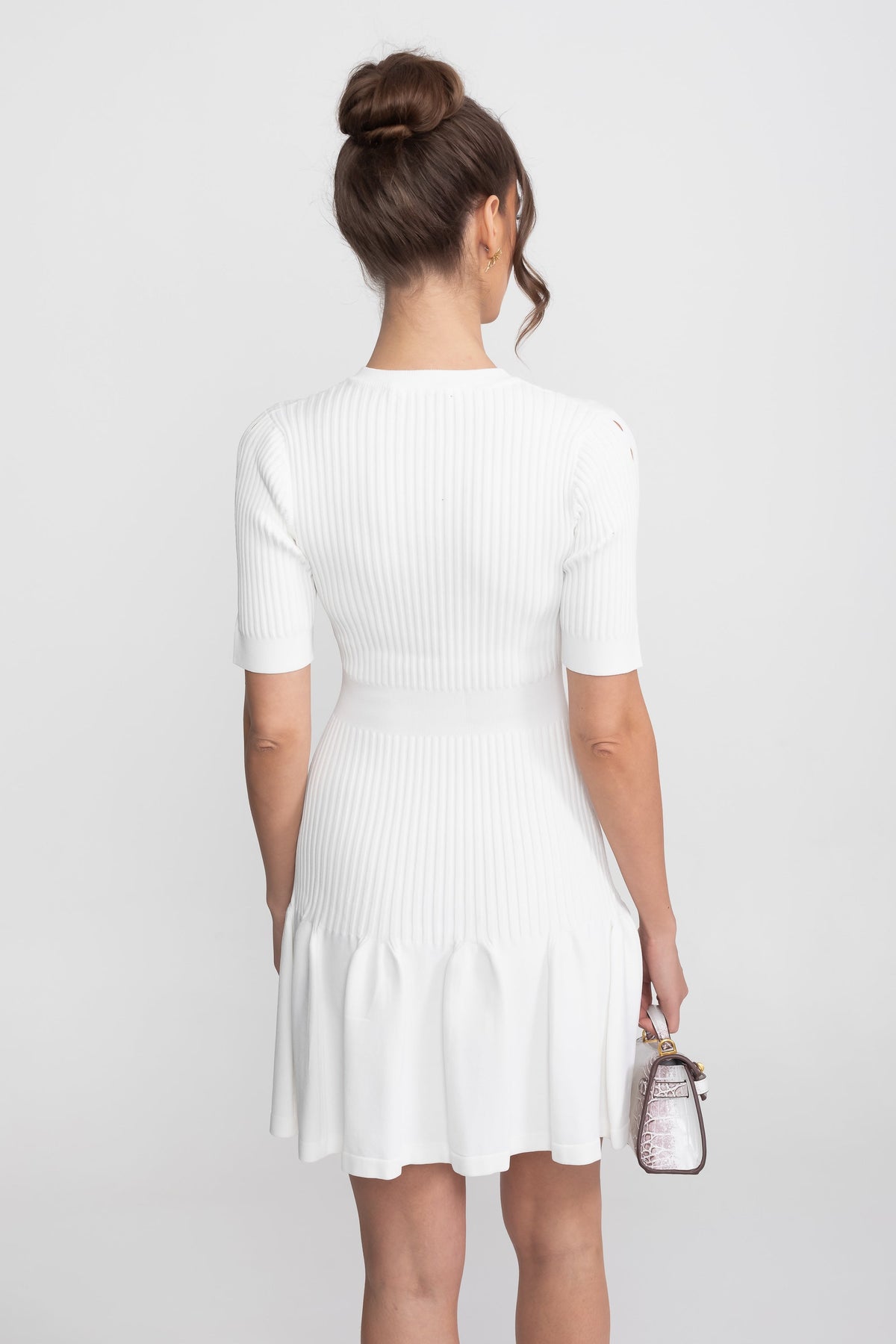 Ribbed Knit Keyhole Neck Mini Dress with Gold Button – White – view 5
