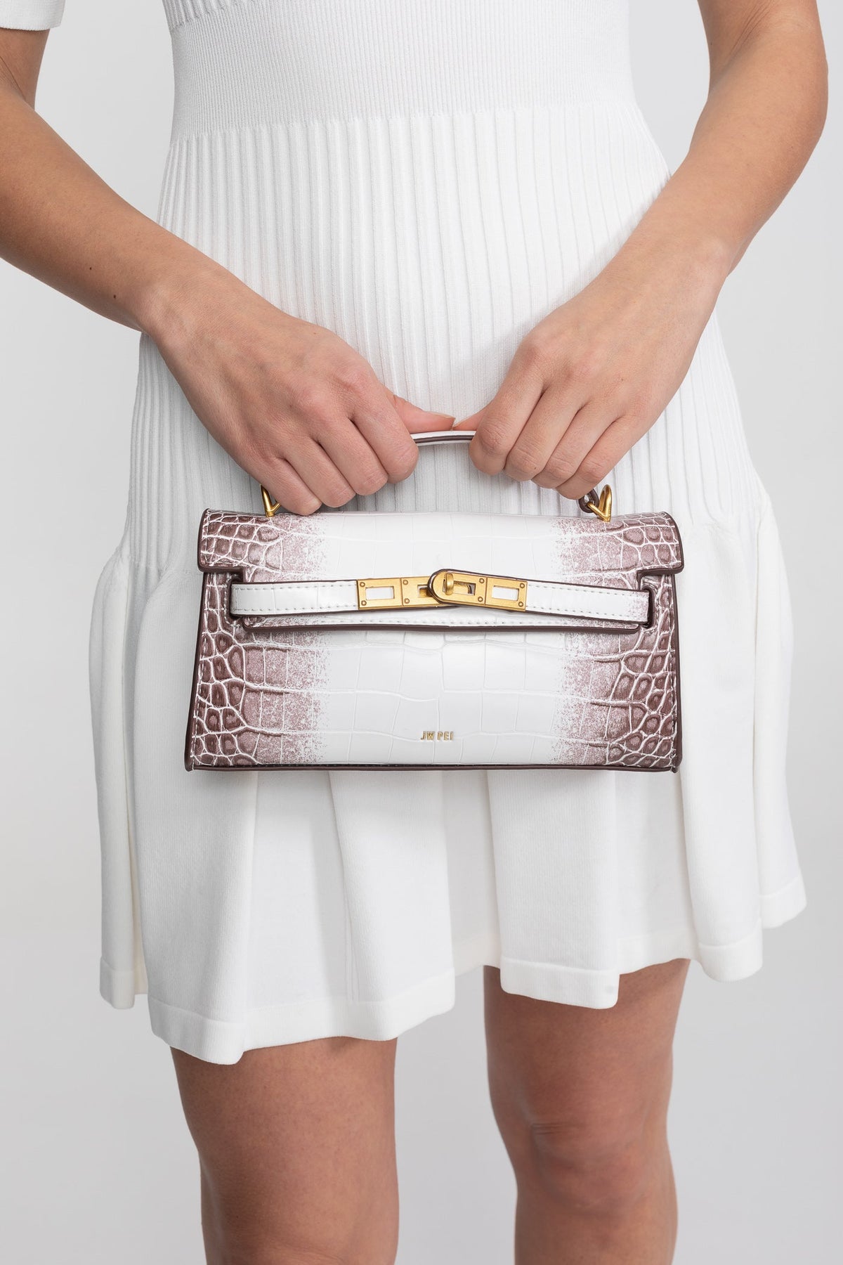 Structured Croc-Embossed Cowhide Leather Mini Top Handle Bag – Off-White – view 4