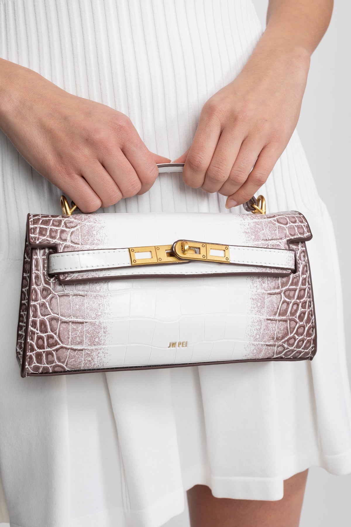 Structured Croc-Embossed Cowhide Leather Mini Top Handle Bag – Off-White – view 5