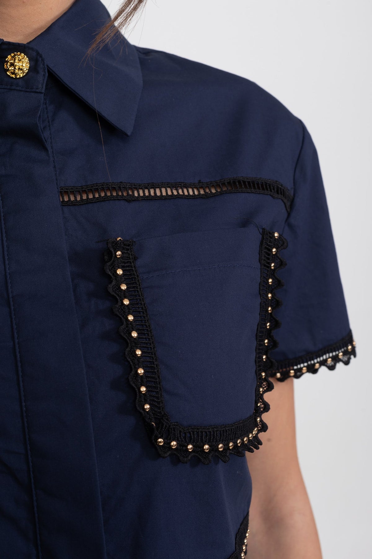 Broderie Trim Cropped Shirt and A-Line Midi Skirt Co-ord Set – Navy – view 6