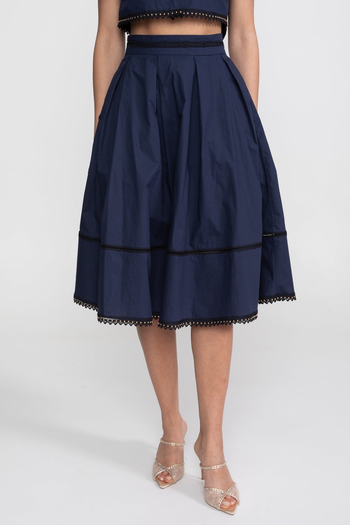 Broderie Trim Cropped Shirt and A-Line Midi Skirt Co-ord Set – Navy – view 7