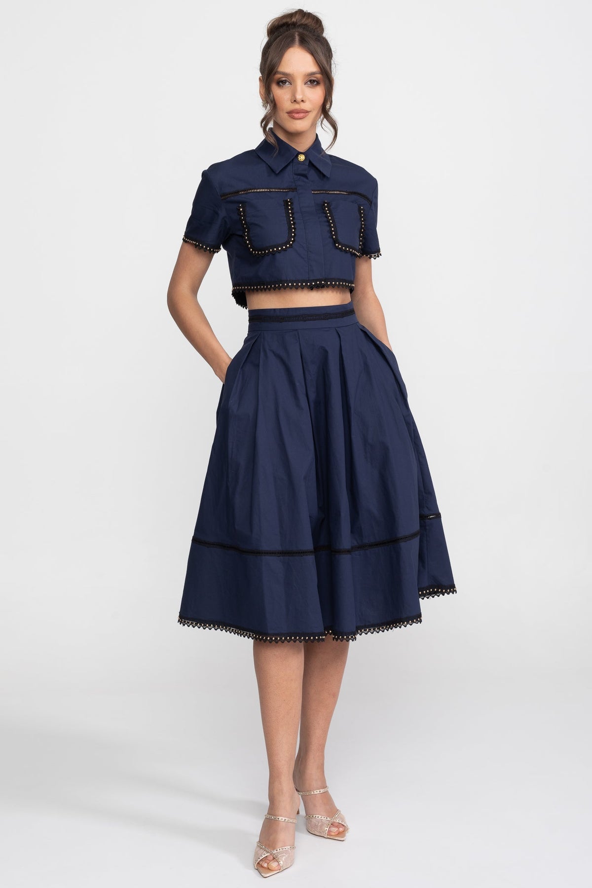 Broderie Trim Cropped Shirt and A-Line Midi Skirt Co-ord Set – Navy
