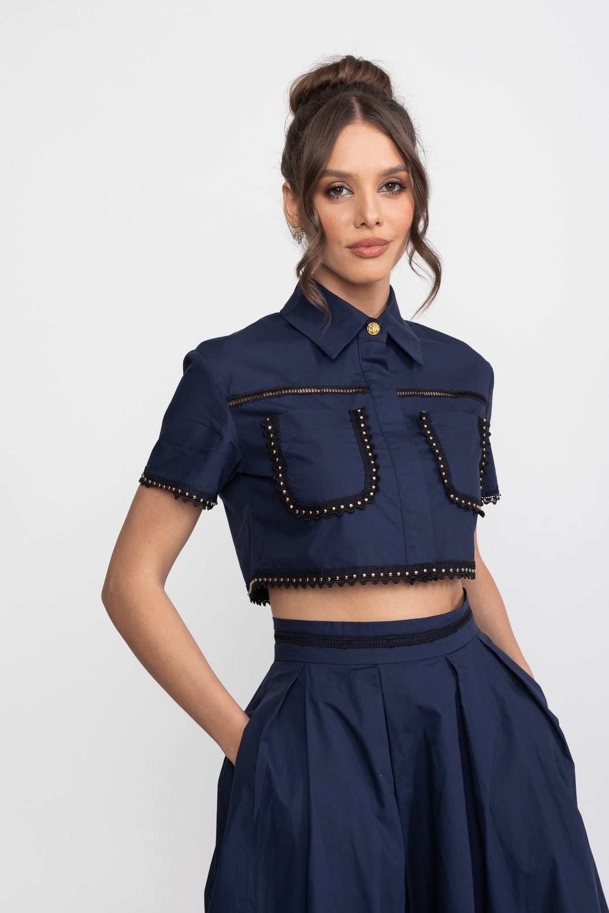 Broderie Trim Cropped Shirt and A-Line Midi Skirt Co-ord Set – Navy