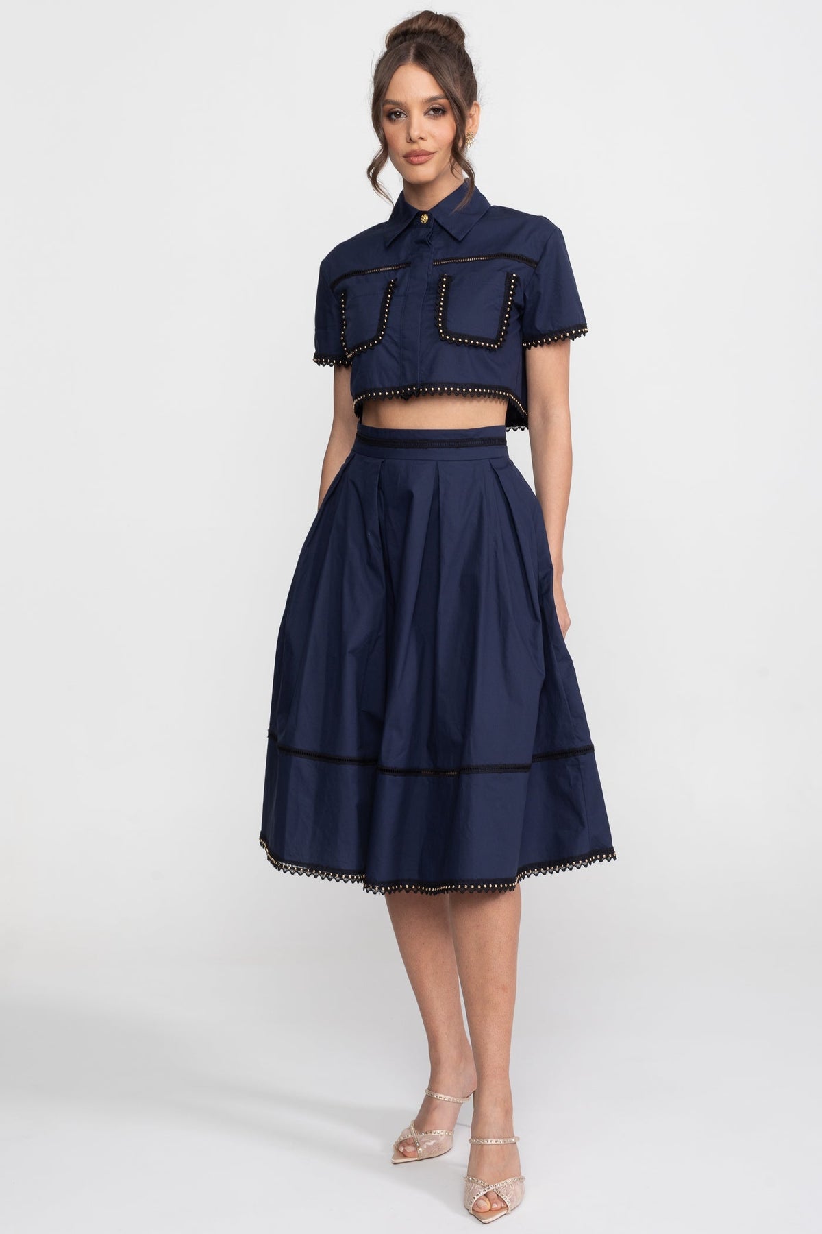 Broderie Trim Cropped Shirt and A-Line Midi Skirt Co-ord Set – Navy – view 3