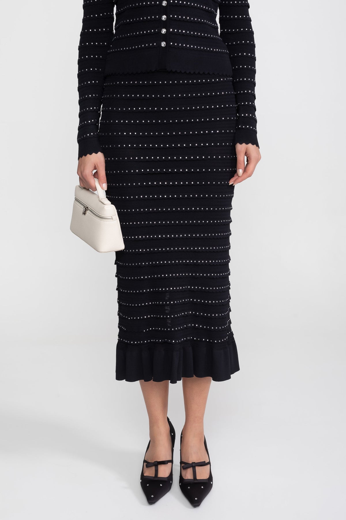 Bouclé Knit Puff Sleeve Blazer, Top and Midi Skirt Three-Piece Set – Black – view 5