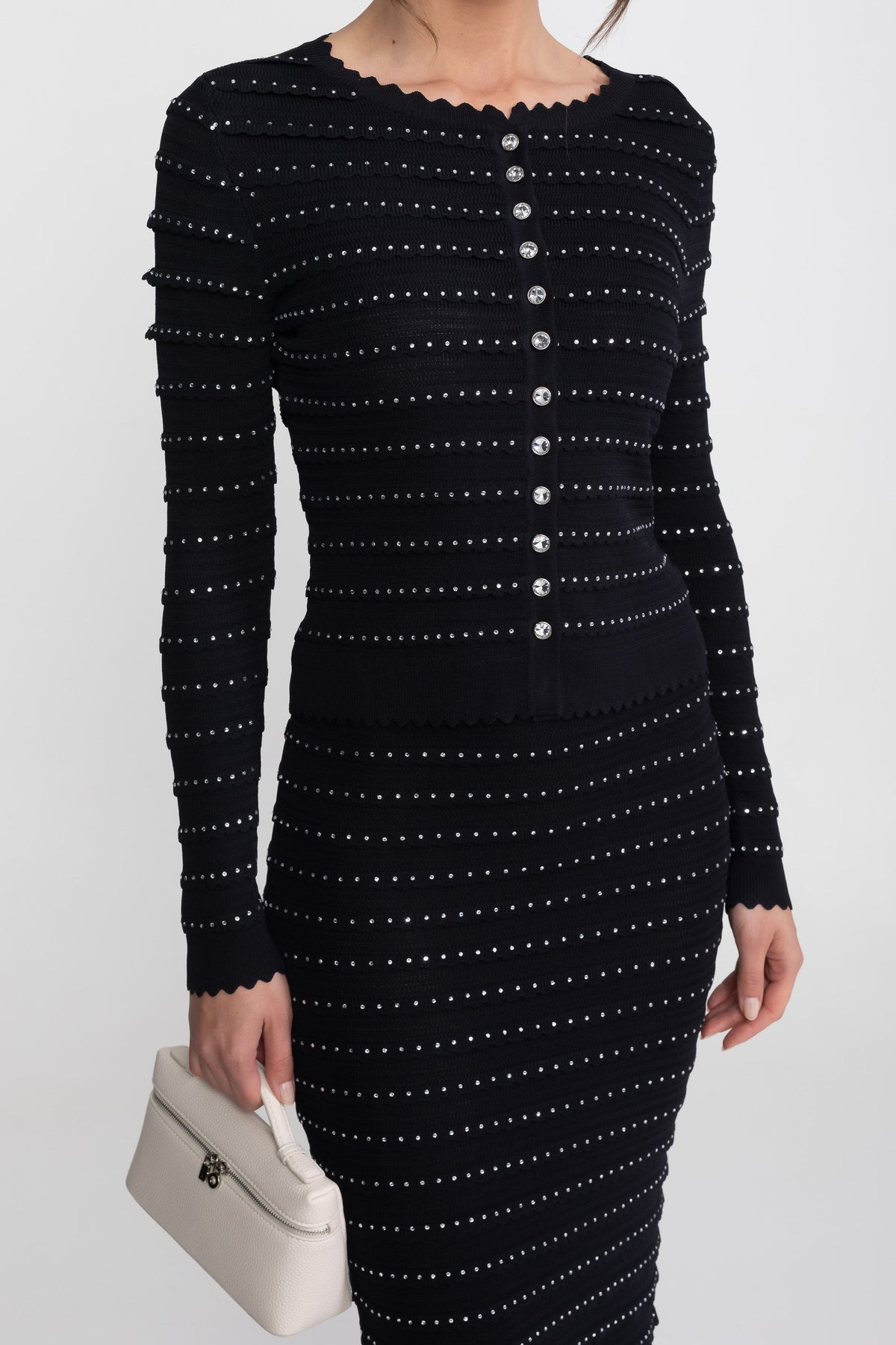 Bouclé Knit Puff Sleeve Blazer, Top and Midi Skirt Three-Piece Set – Black – view 4
