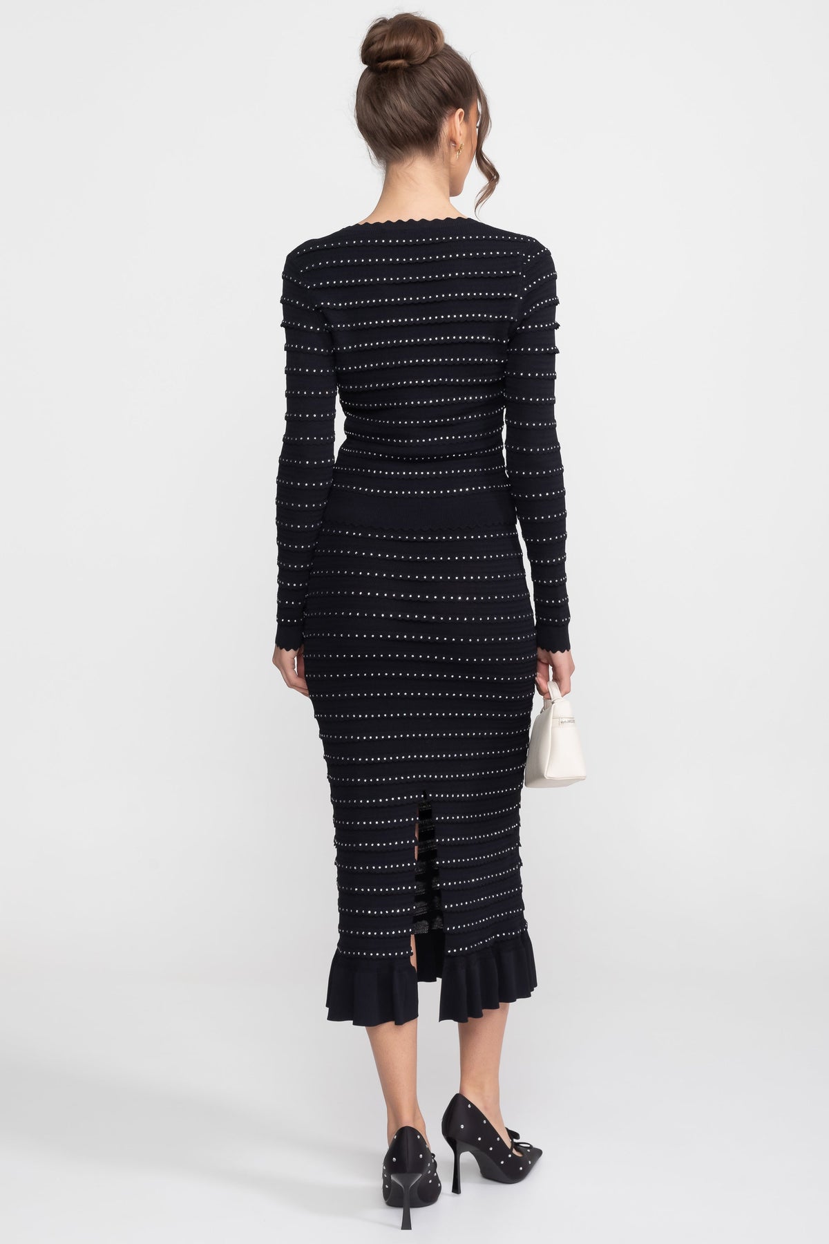 Bouclé Knit Puff Sleeve Blazer, Top and Midi Skirt Three-Piece Set – Black – view 7