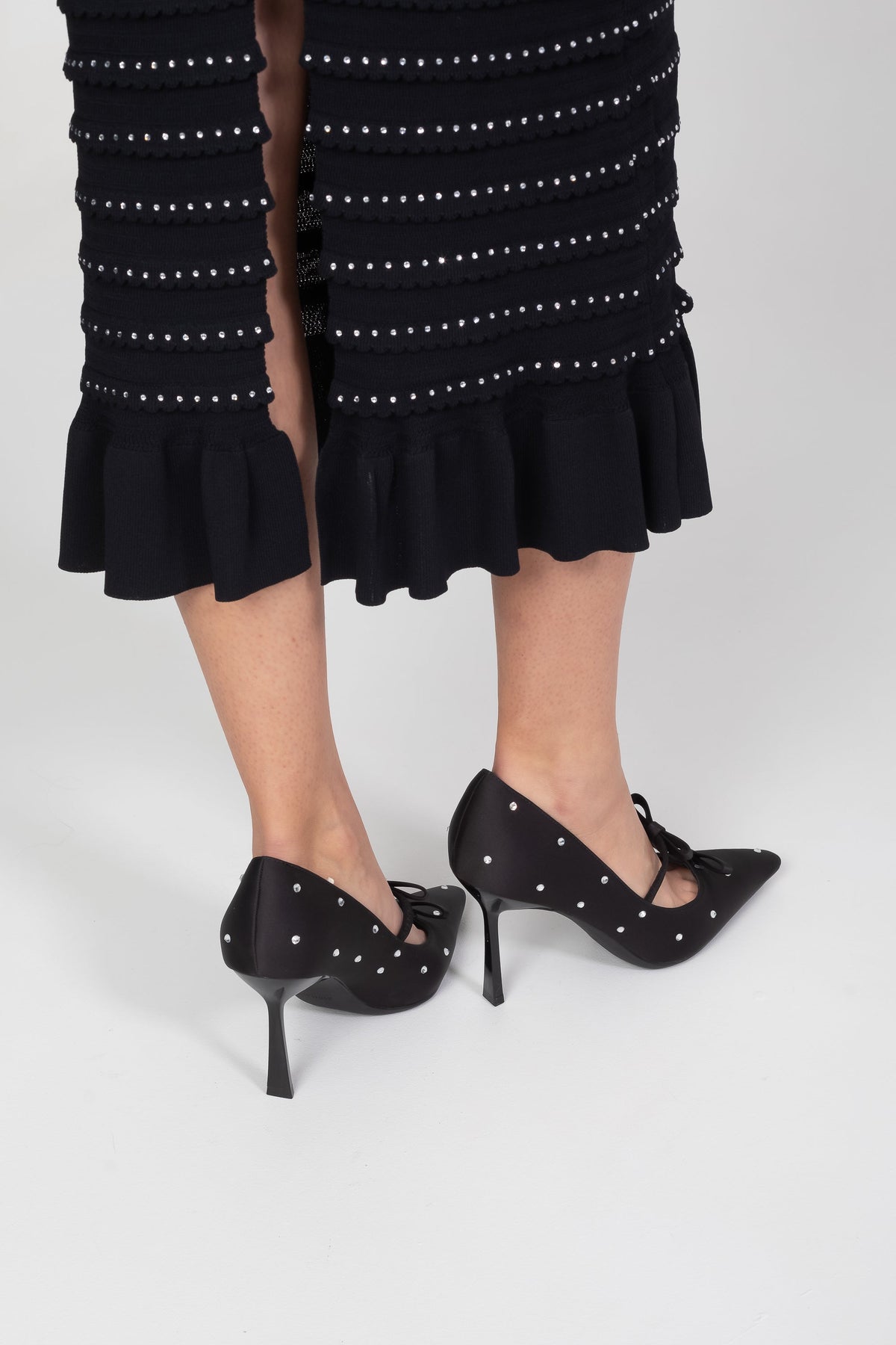 Bow Detail Pointed Toe T-Bar Pumps with Crystal Studs – Black