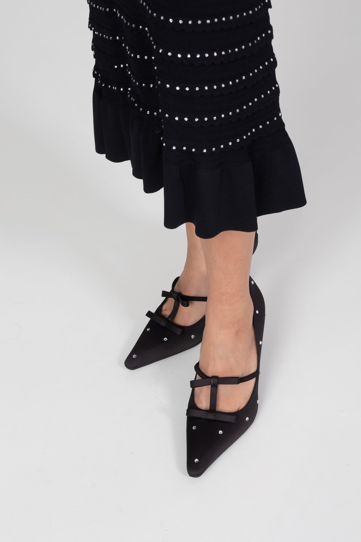 Bow Detail Pointed Toe T-Bar Pumps with Crystal Studs – Black