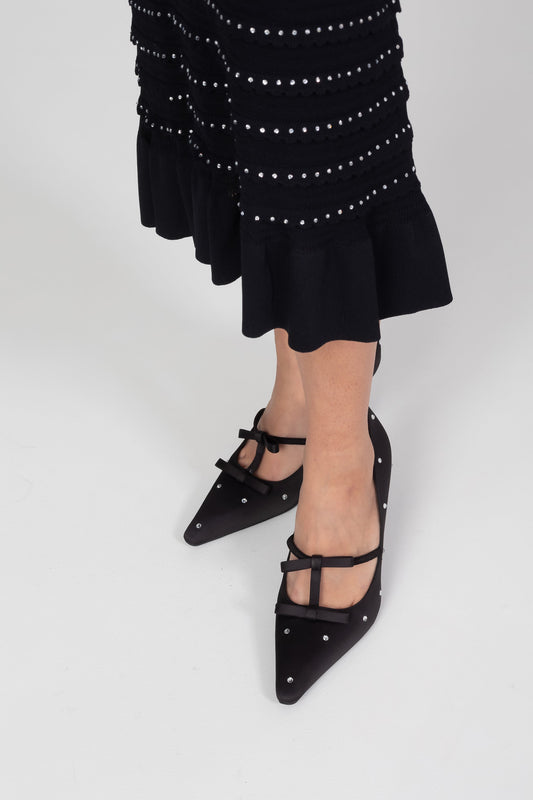 Bow Detail Pointed Toe T-Bar Pumps with Crystal Studs – Black