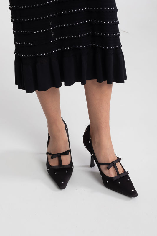 Bow Detail Pointed Toe T-Bar Pumps with Crystal Studs – Black