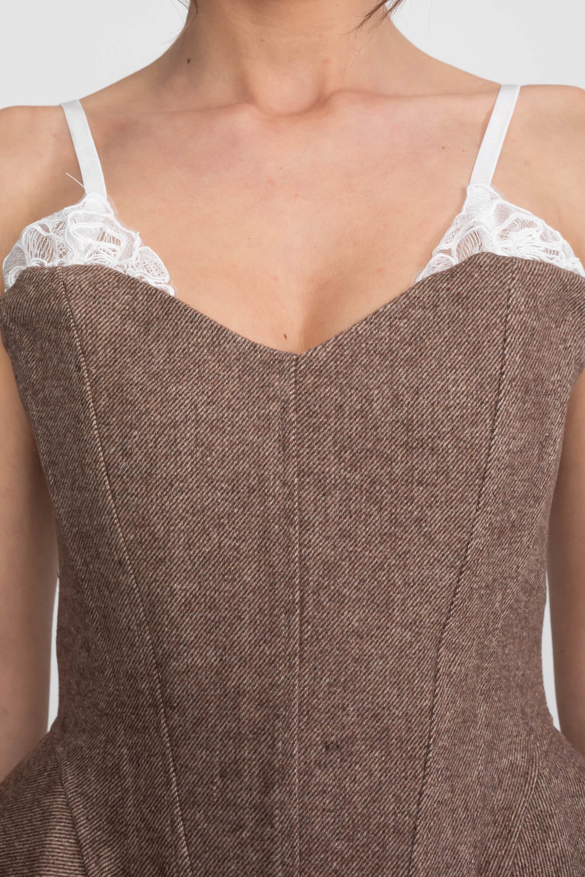 Tweed-Look Corset Top with Lace Straps and Peplum Hem – Brown – view 3