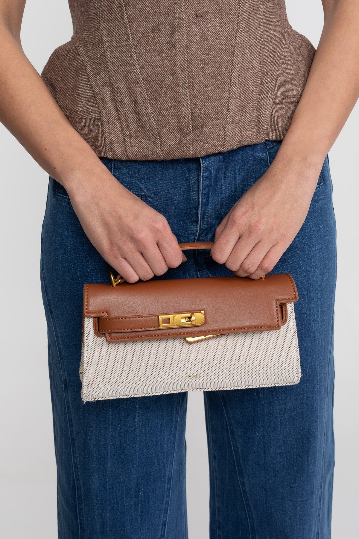 Structured Textured Cowhide Leather Mini Top Handle Bag – Brown/Grey – view 4